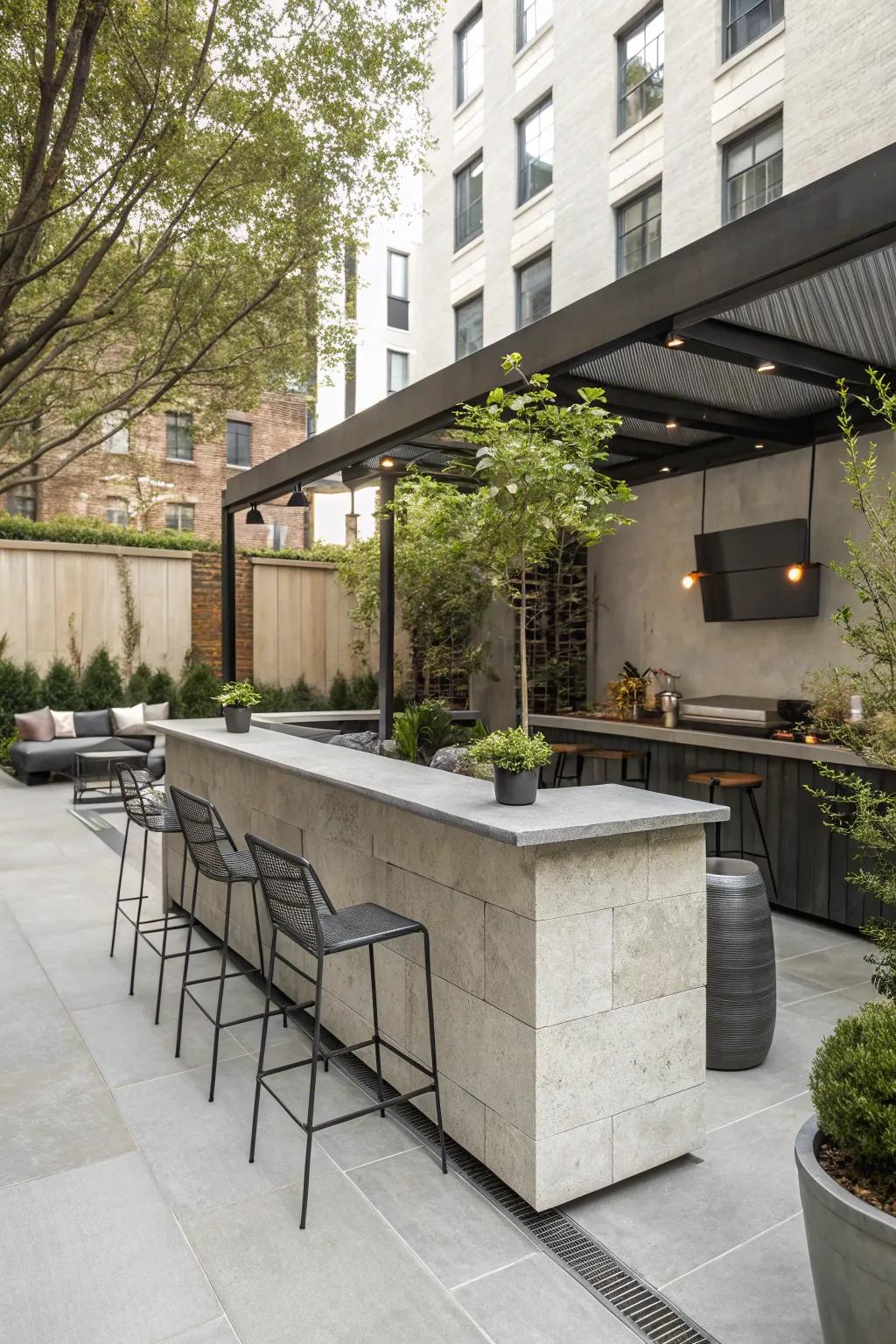An industrial-chic stone bar with a modern edge.