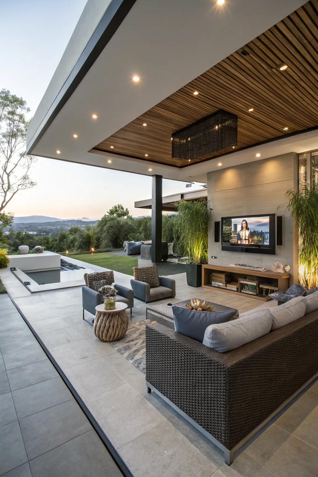 A sunken lounge area offers a unique and luxurious outdoor TV experience.