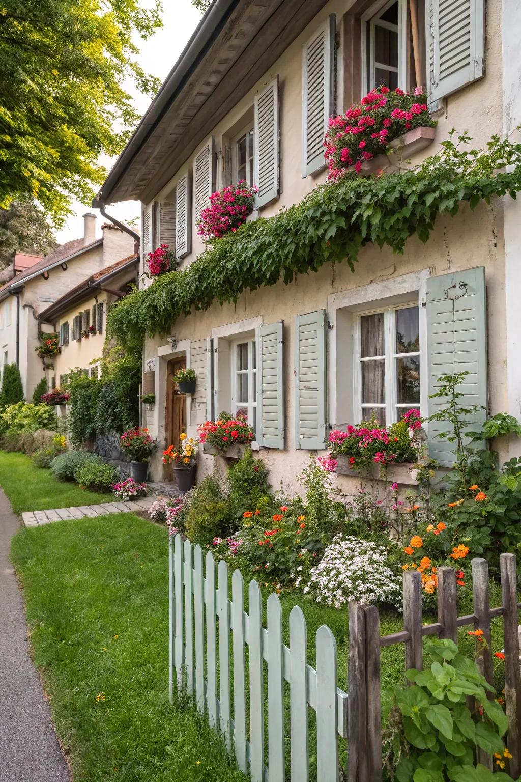 House with blinds and window boxes filled with flowers.