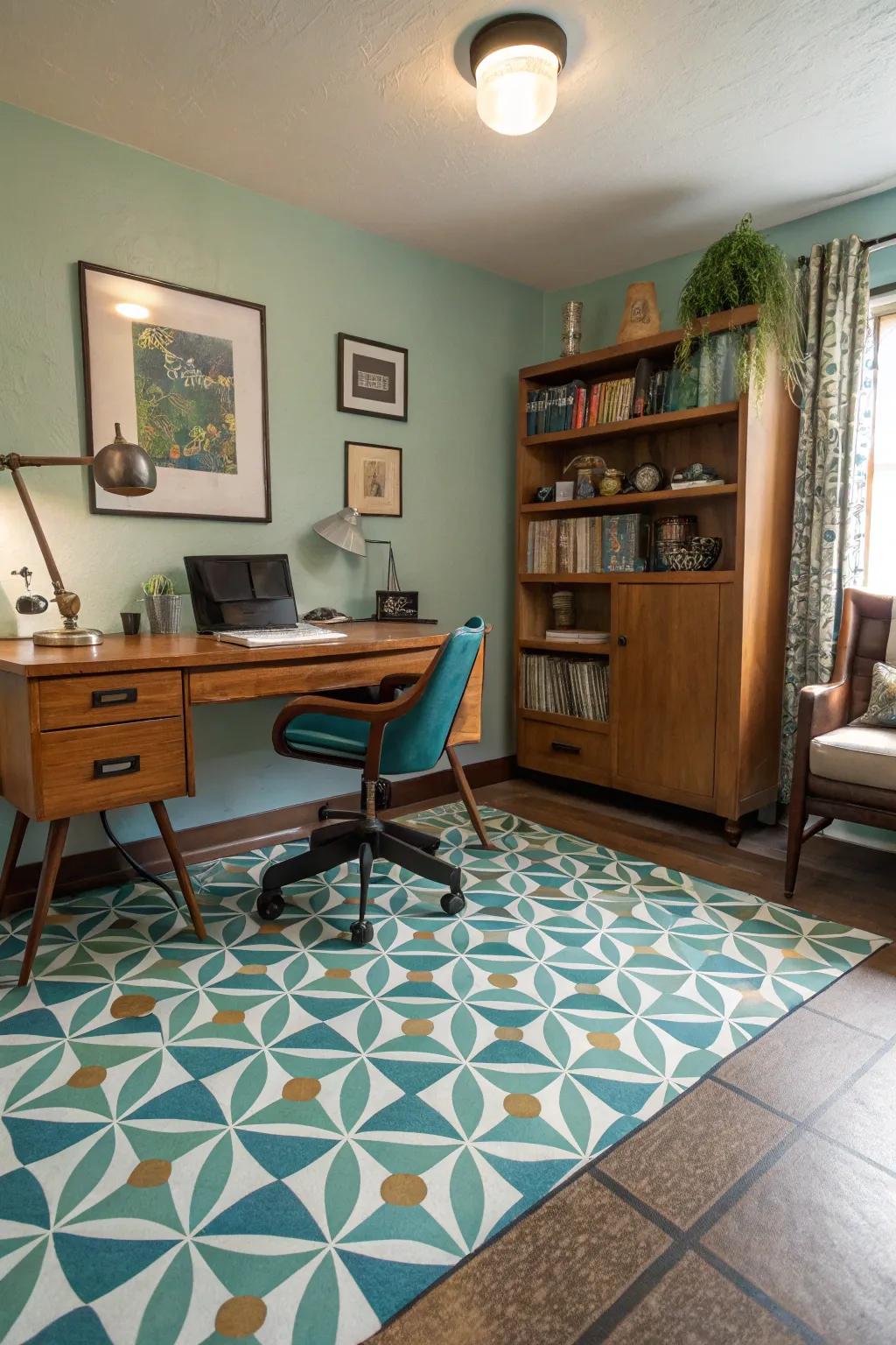 A home office featuring vintage vinyl painted floors, offering a retro and nostalgic charm.