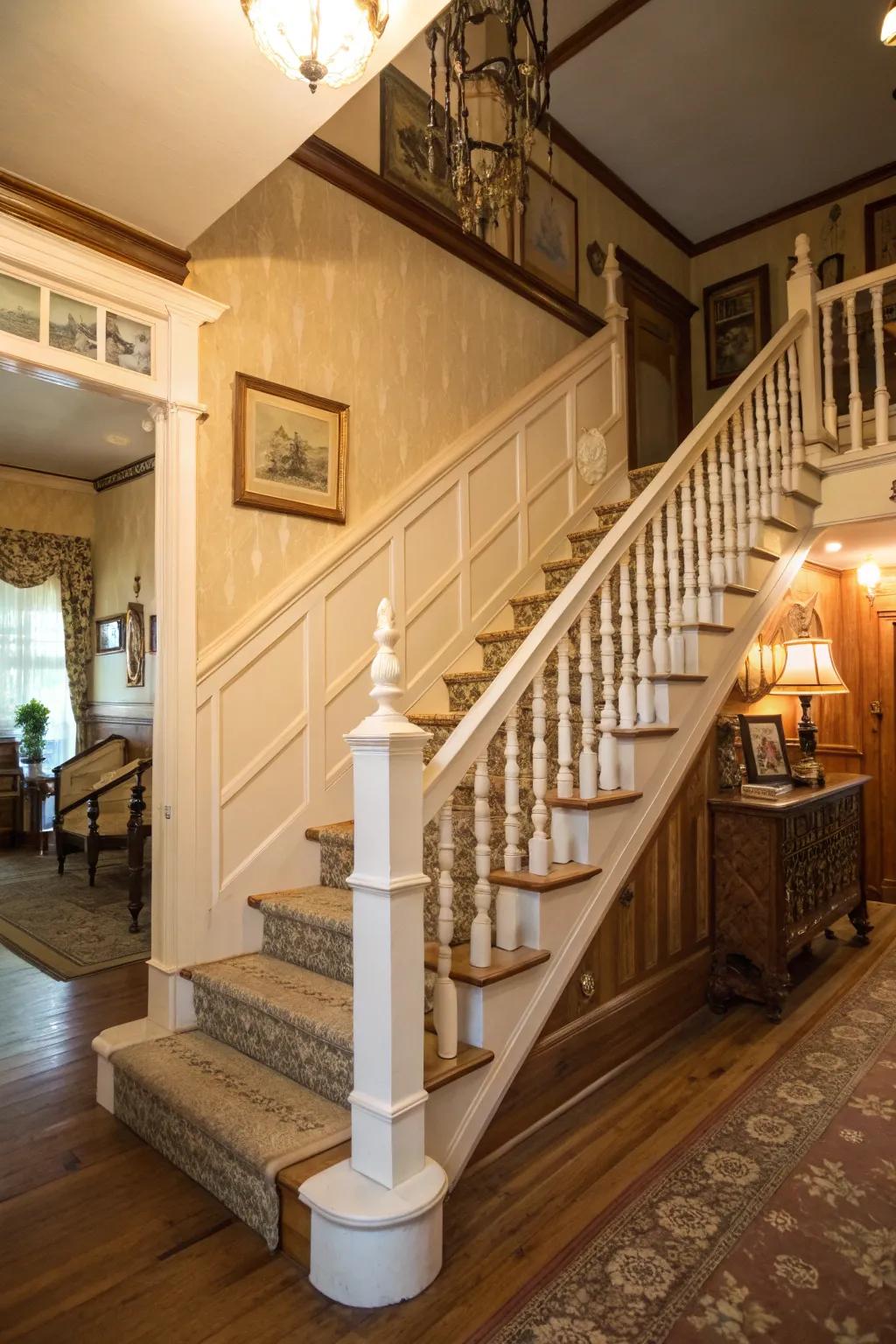Ivory railings add vintage grace and warmth.