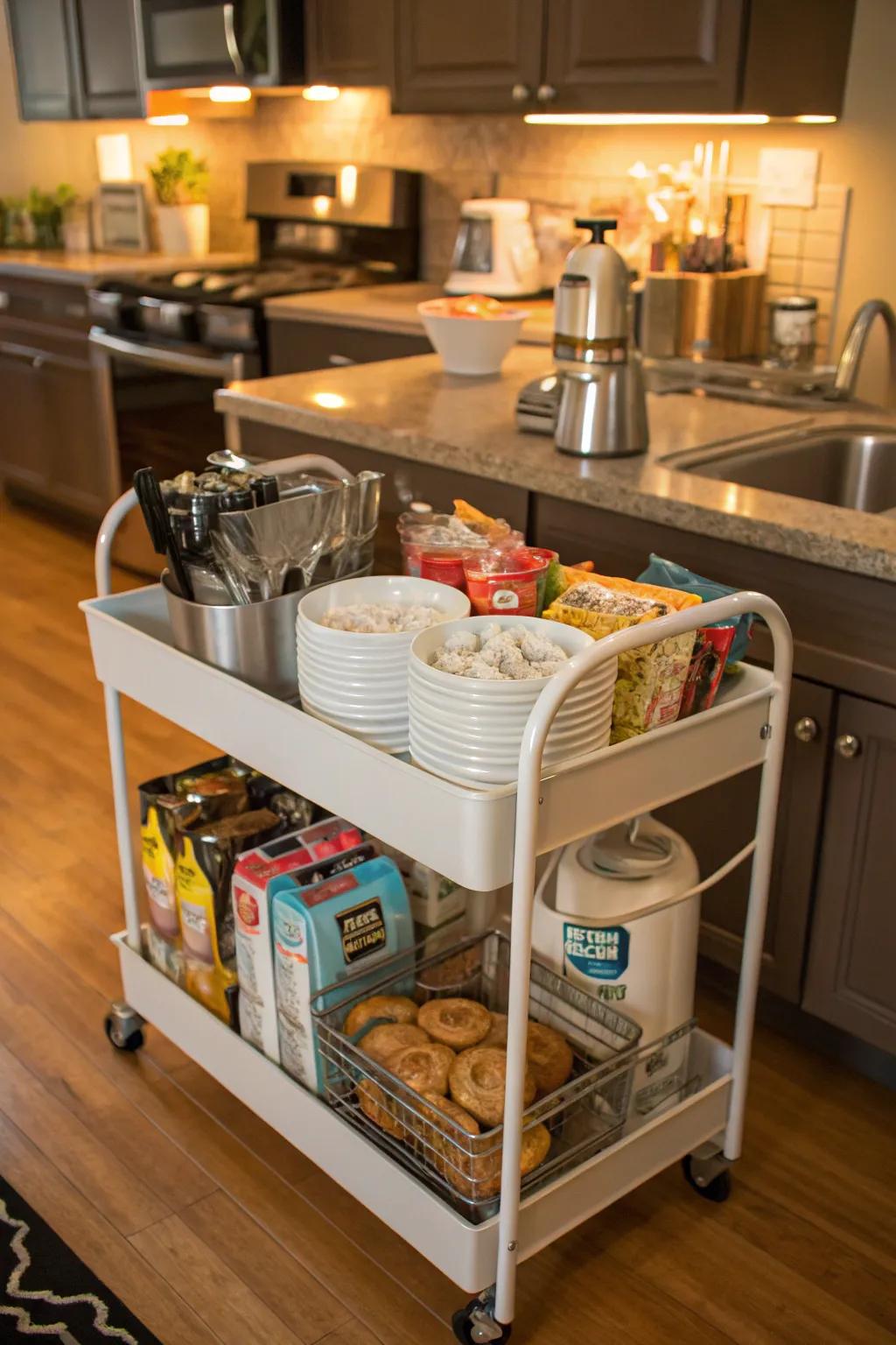 A mobile cart offers flexible, convenient storage.