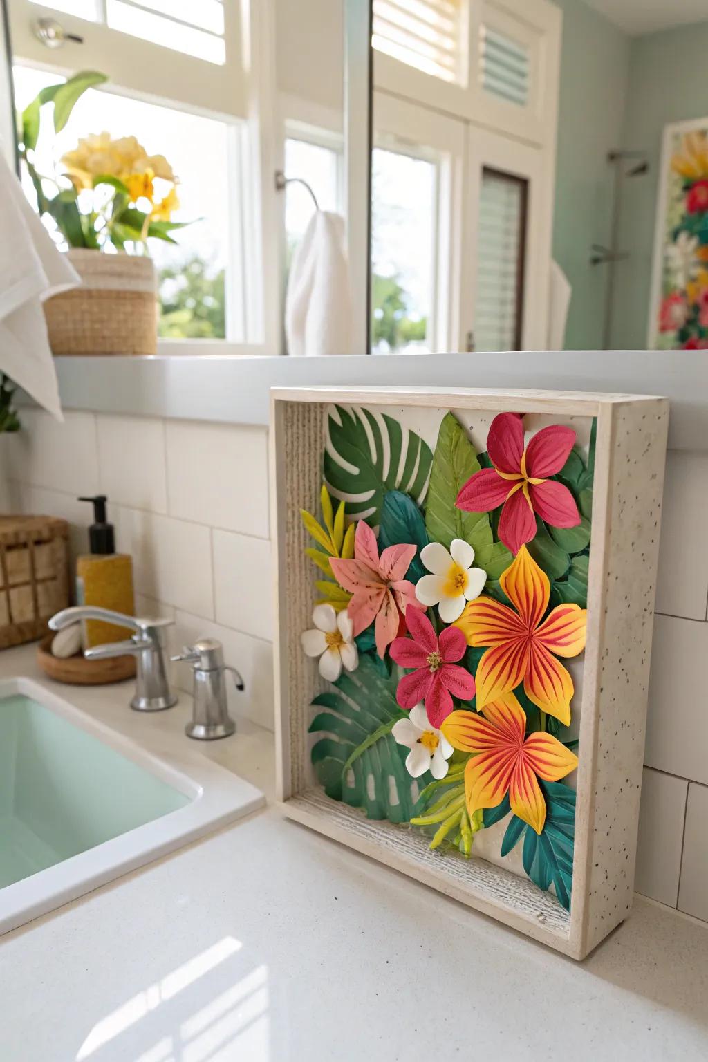 A tropical shadow box brings a vacation vibe to your space.