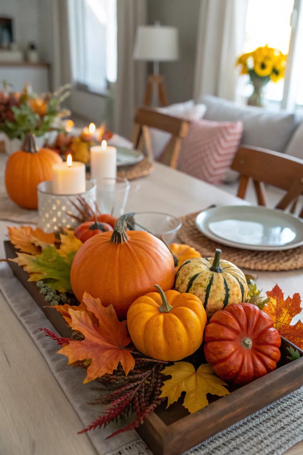 A cozy fall centerpiece highlighted by pumpkins and foliage.