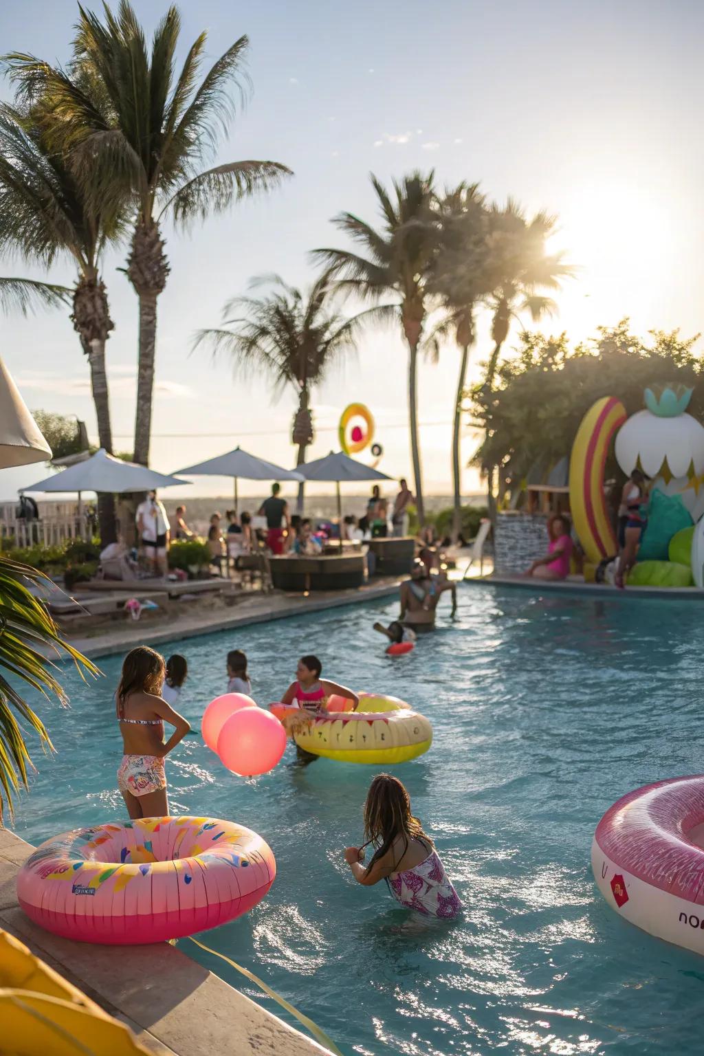 Teens having a splash at a coastal-themed water party.
