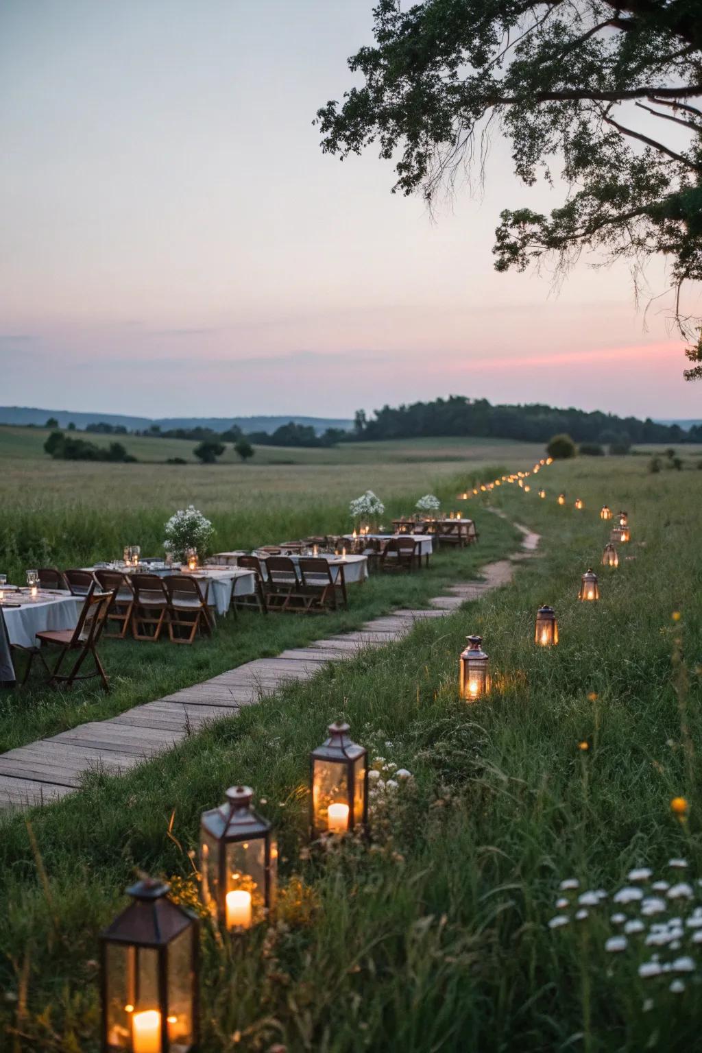 Light fixtures add warmth and charm to the pasture setting.