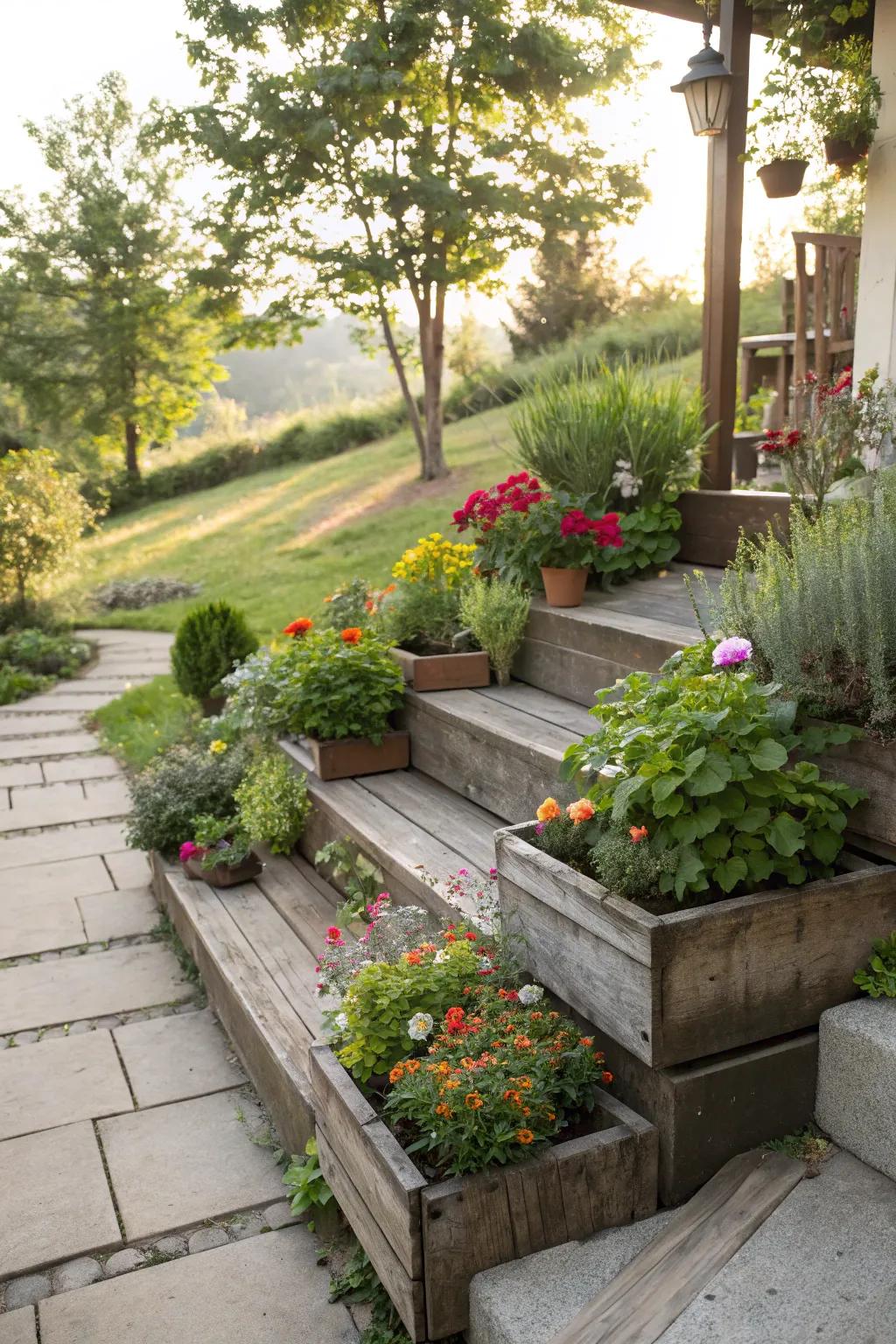 Planters add greenery and color to patio steps.