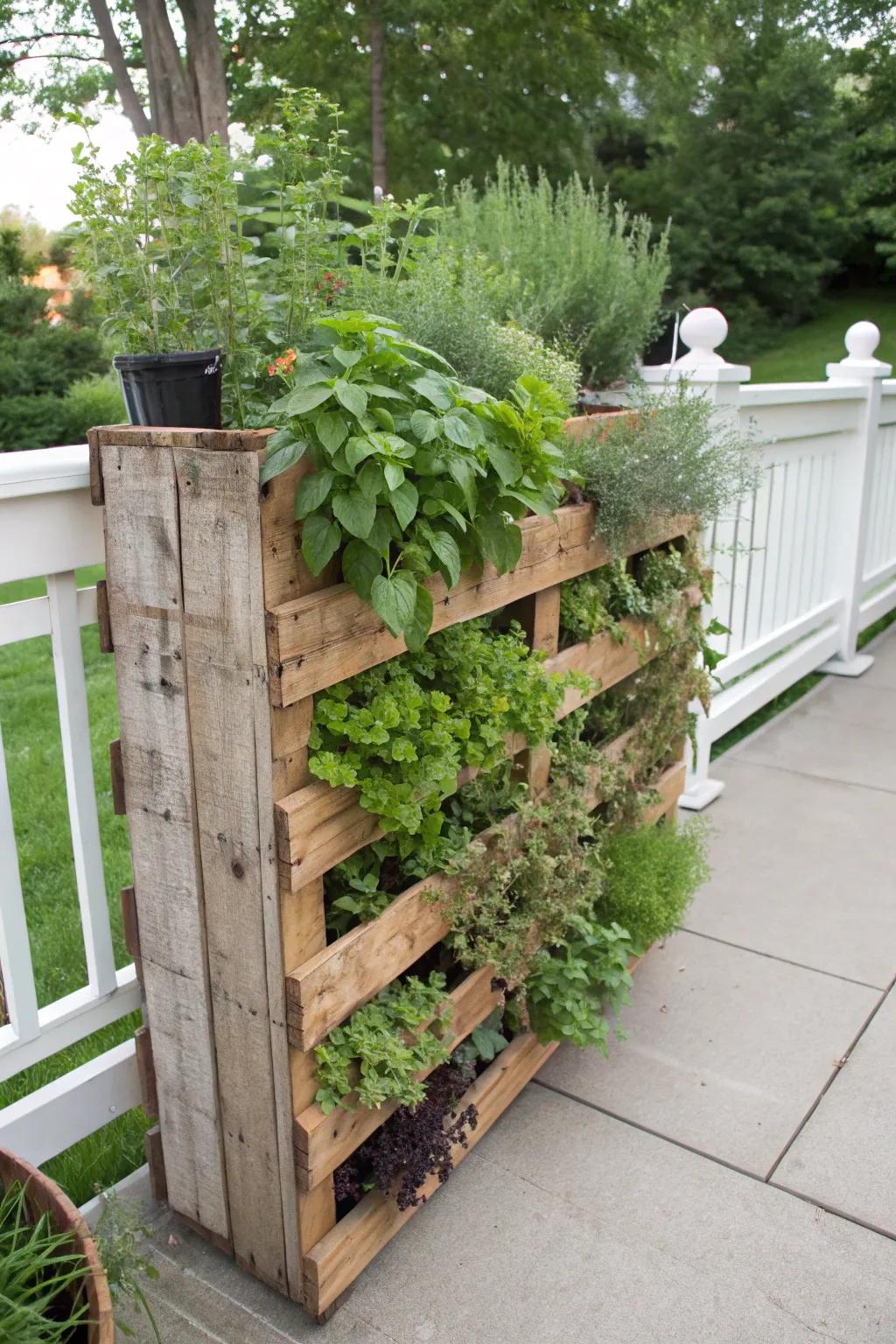 A handmade pallet garden converts walls into lush green zones.
