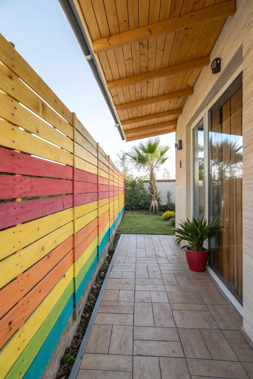 A vibrant patio backdrop featuring painted wood panelling.