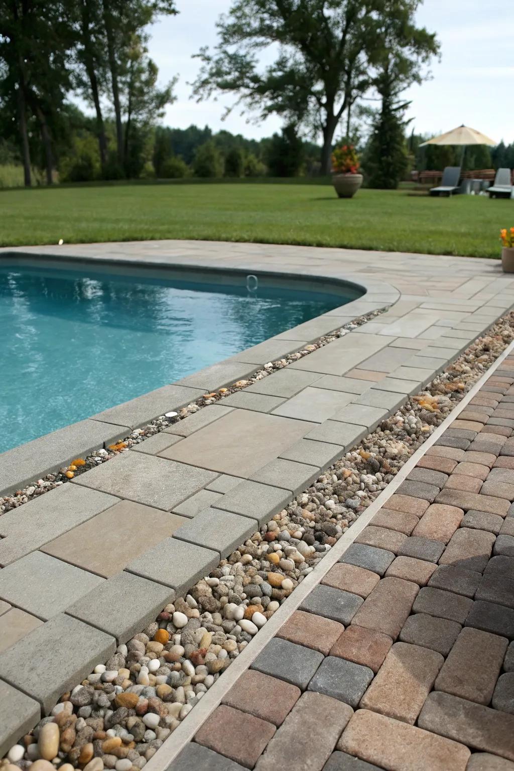 Gravel edging enriches texture and contrast within the paving design.