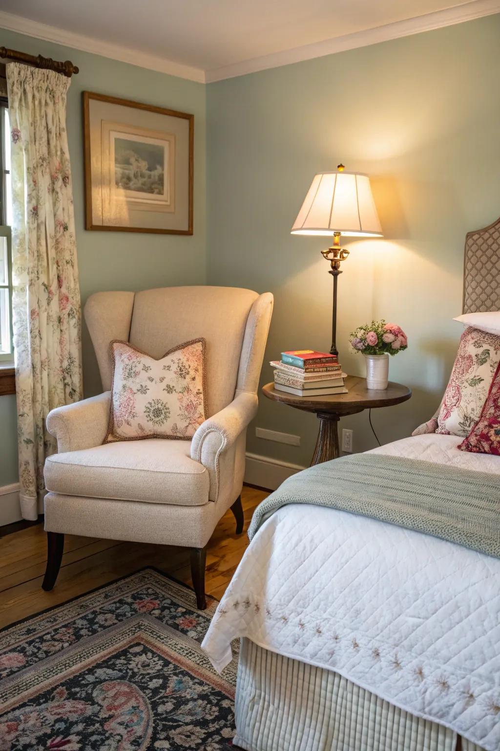 A cozy reading nook in the bedroom, perfect for quiet moments of escape.