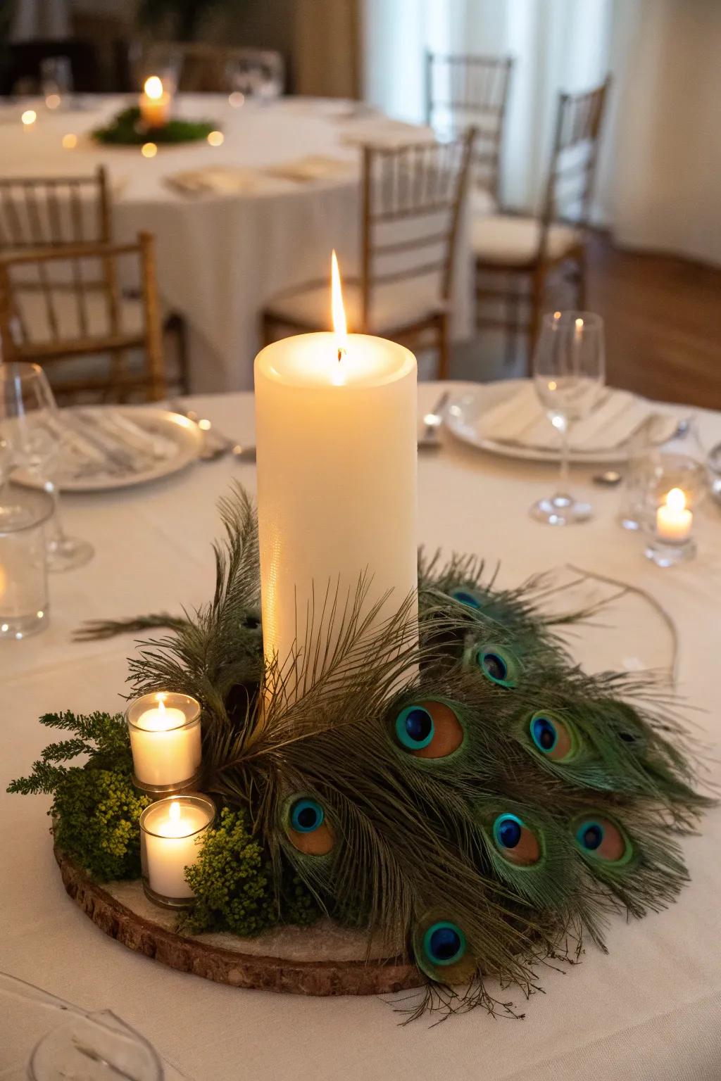 A cozy centerpiece featuring pheasant plumes and light source glow.