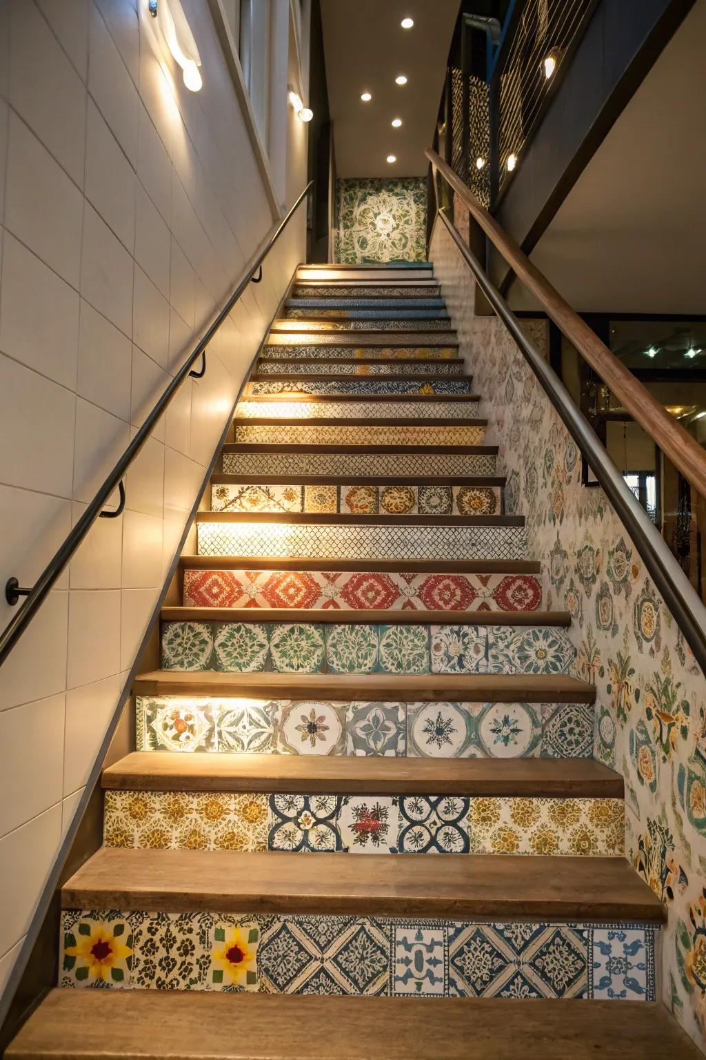Infuse style into your staircase with patterned wallpaper panels.