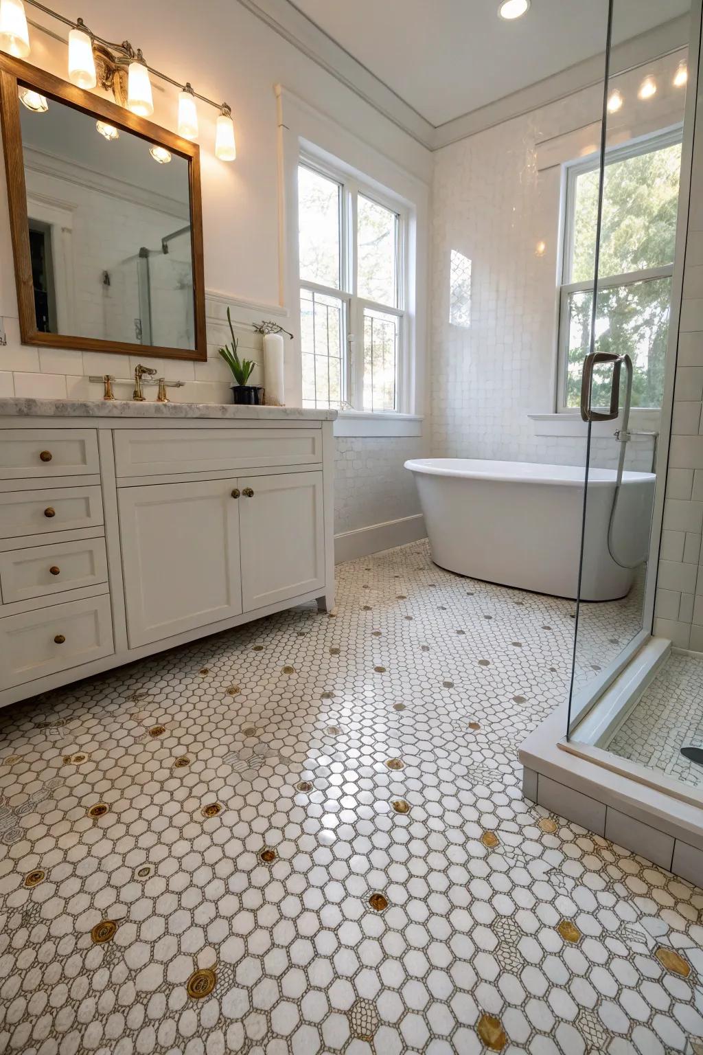 Penny tiles enhancing the lighting within a well-lit bathroom.