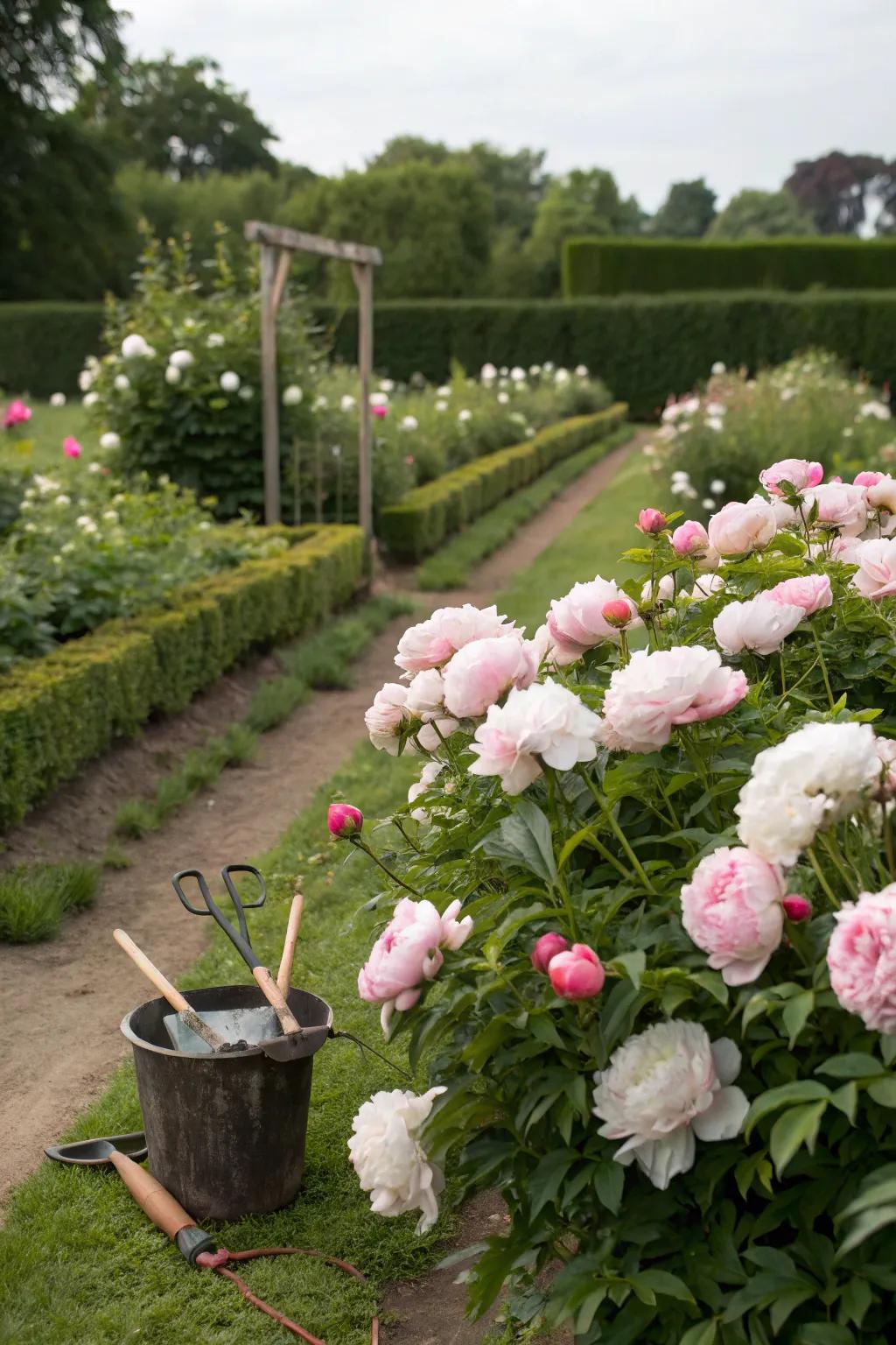 A peony snipping patch furnishing newly minted blooms for indoors.
