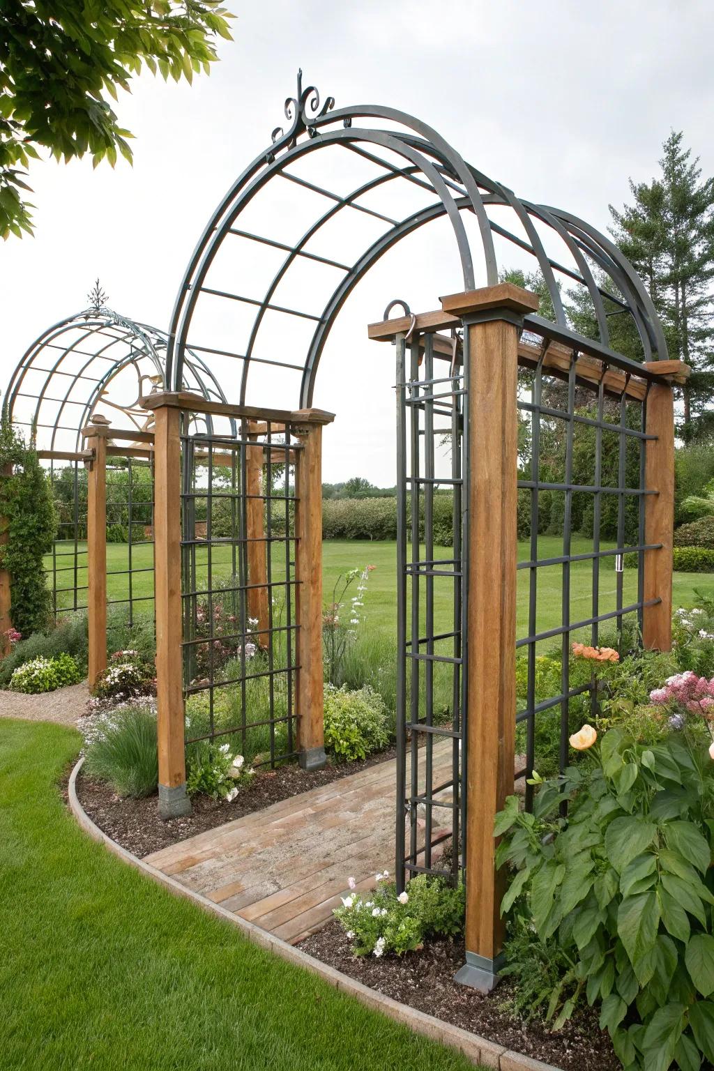 A fusion of metal and wood creates a striking arbor design, blending strength with natural beauty.
