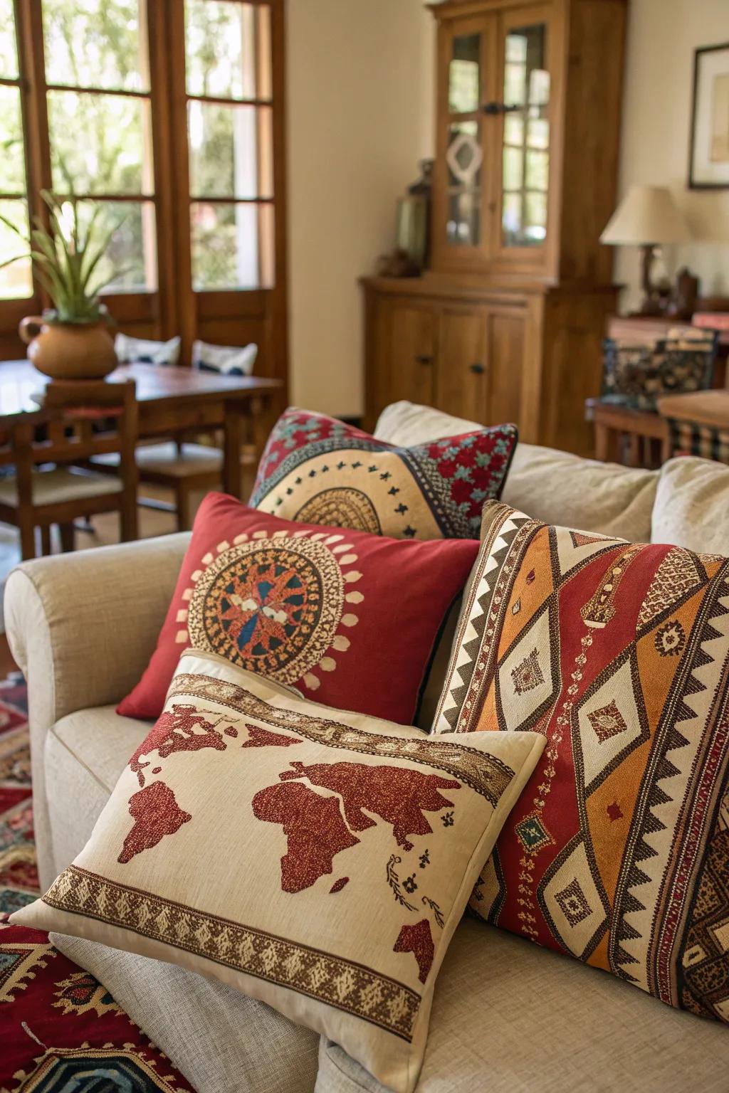 Cushions with cultural inspiration adding global flair.