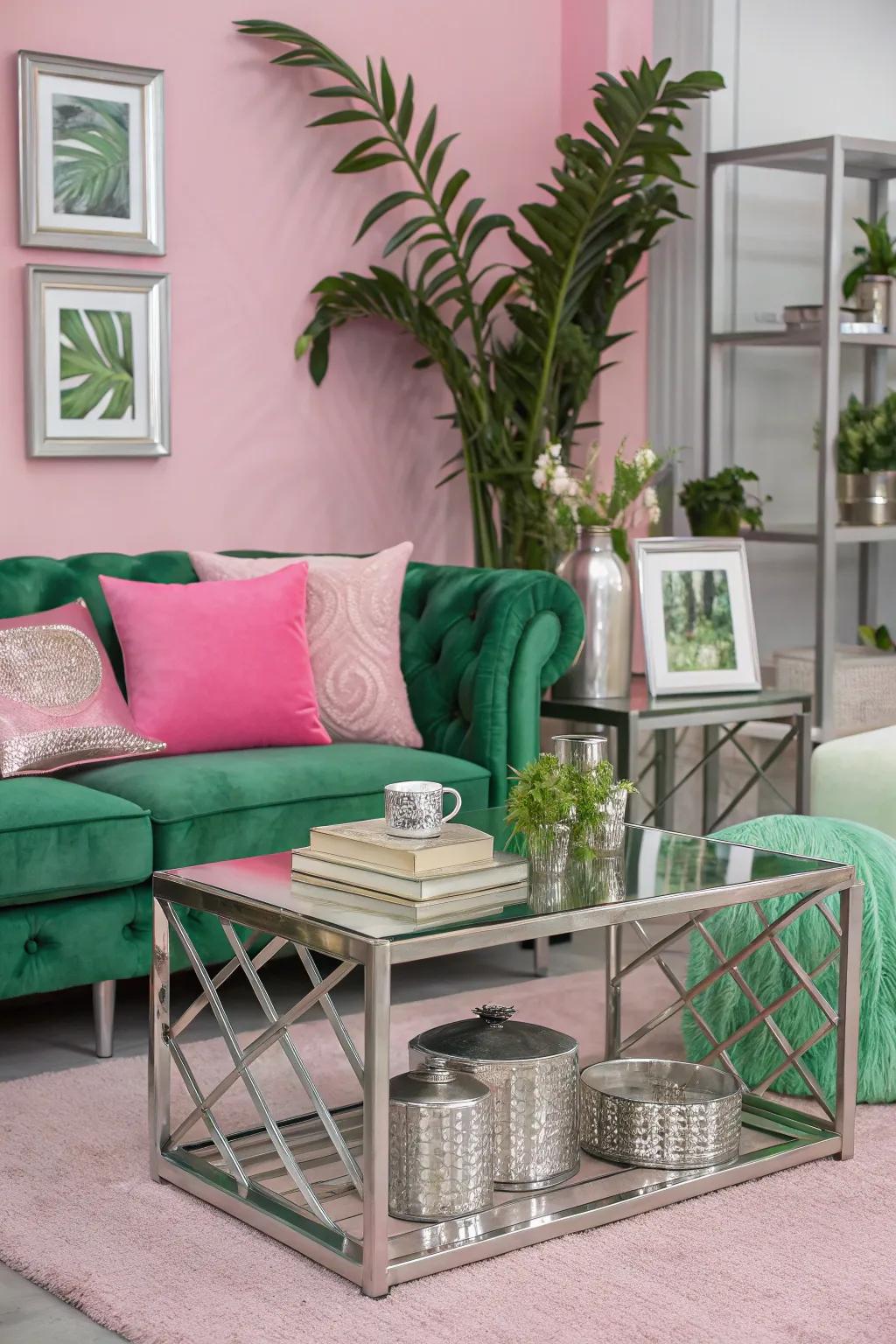 A modern vibe is achieved using blended metallic finishes with pink and green.