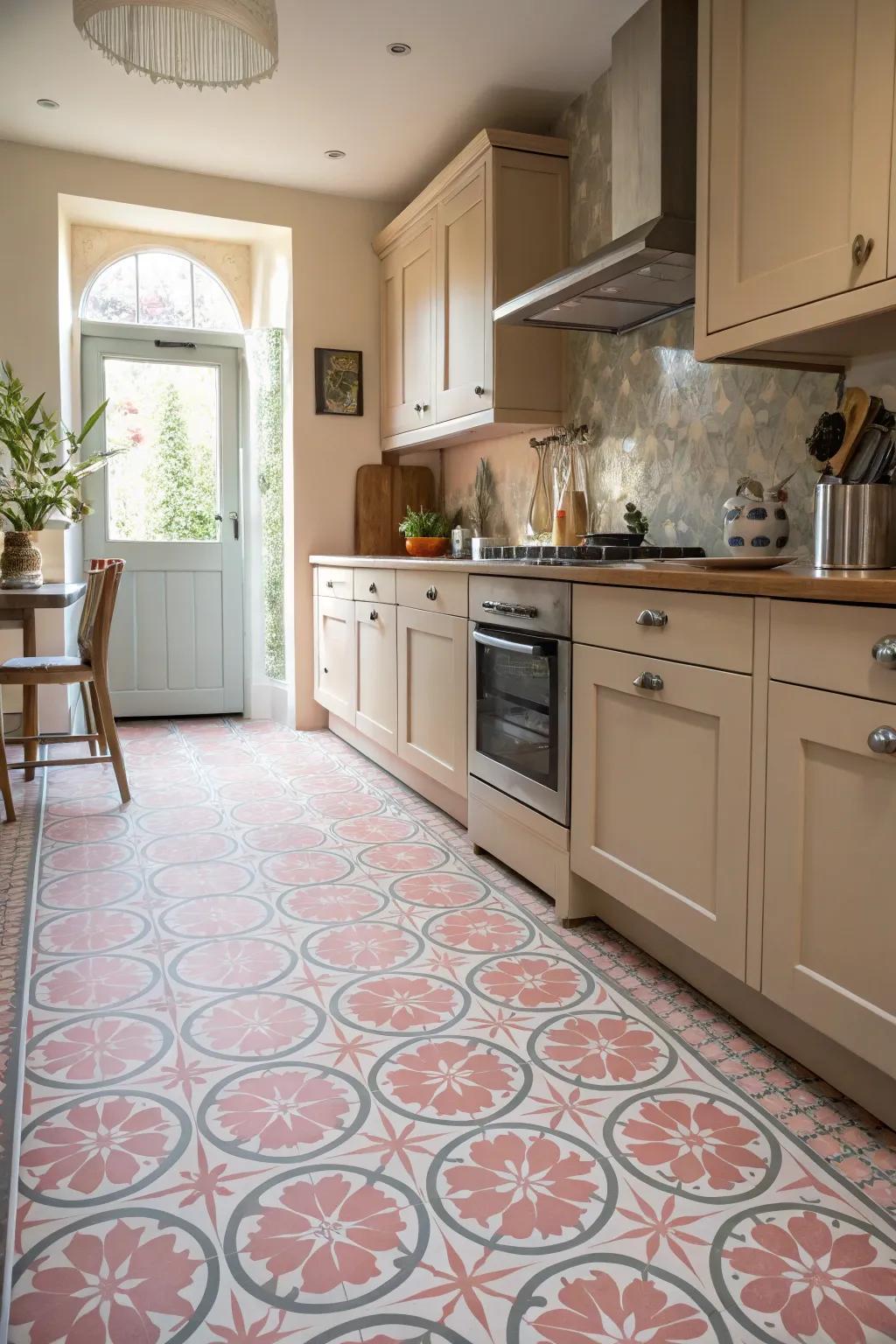 Detailed flooring connecting rose and silver tones seamlessly.