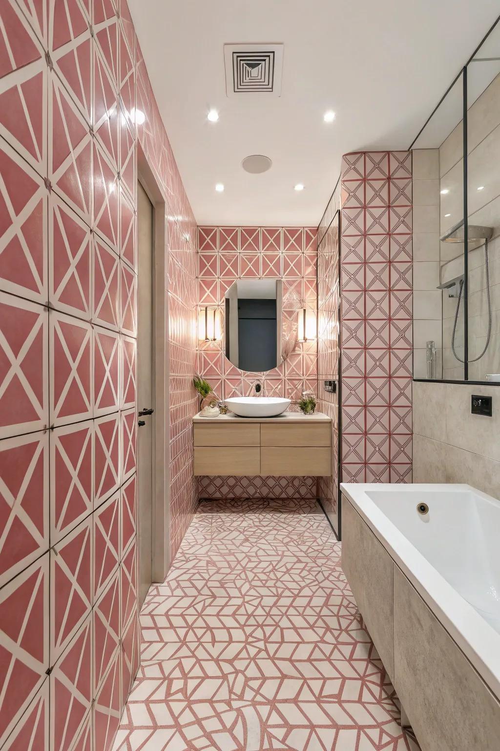 Geometric rosy tiles giving a modern twist to the bathroom.