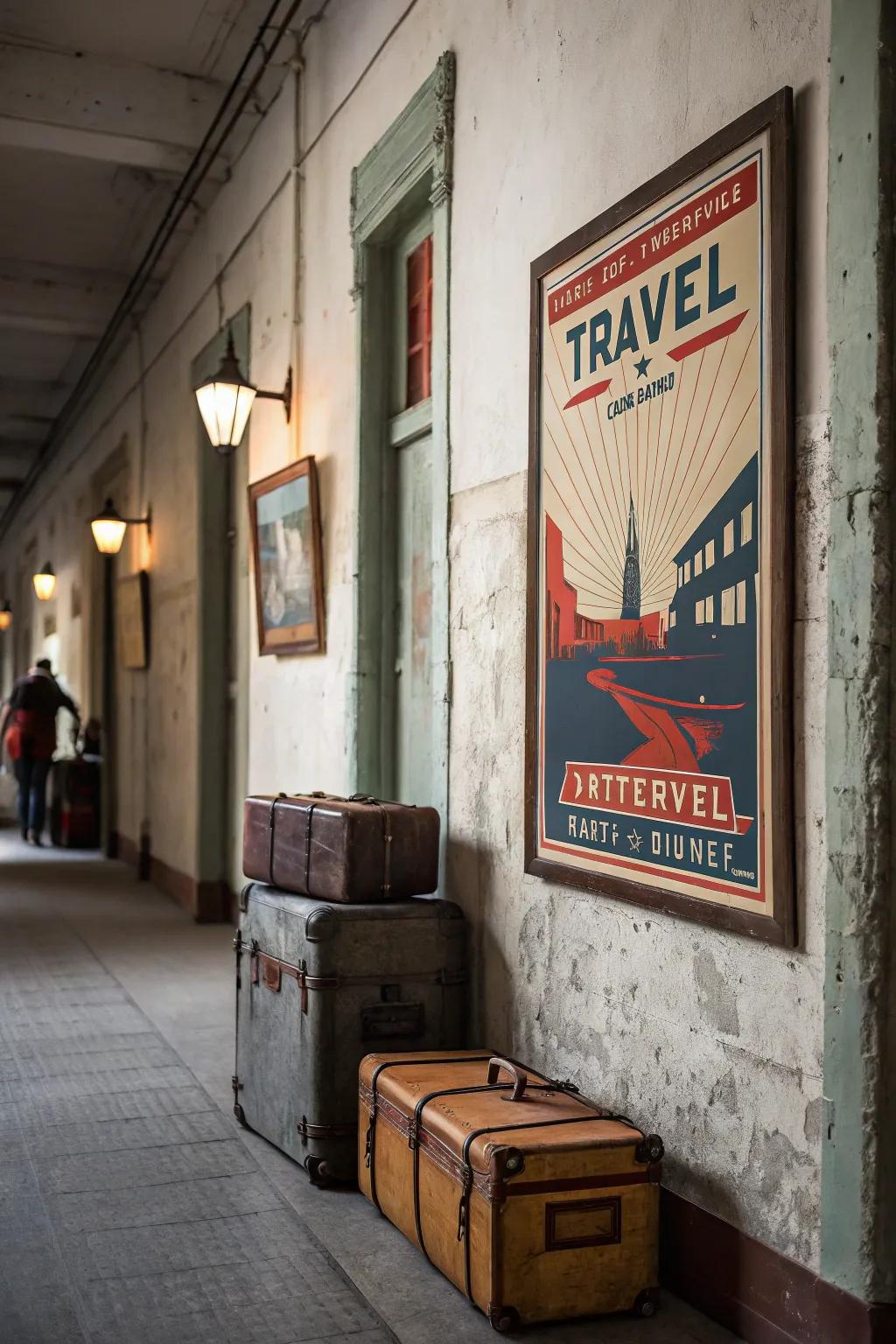 A classic style travel poster creating nostalgia in an entryway.