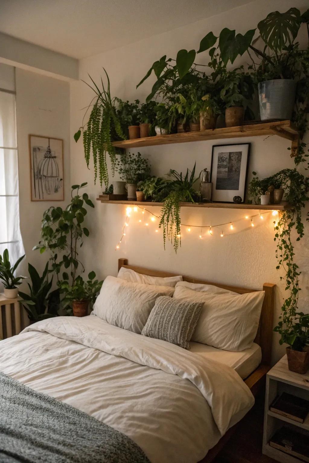 A bedroom plant shelf adding a dash of serenity.