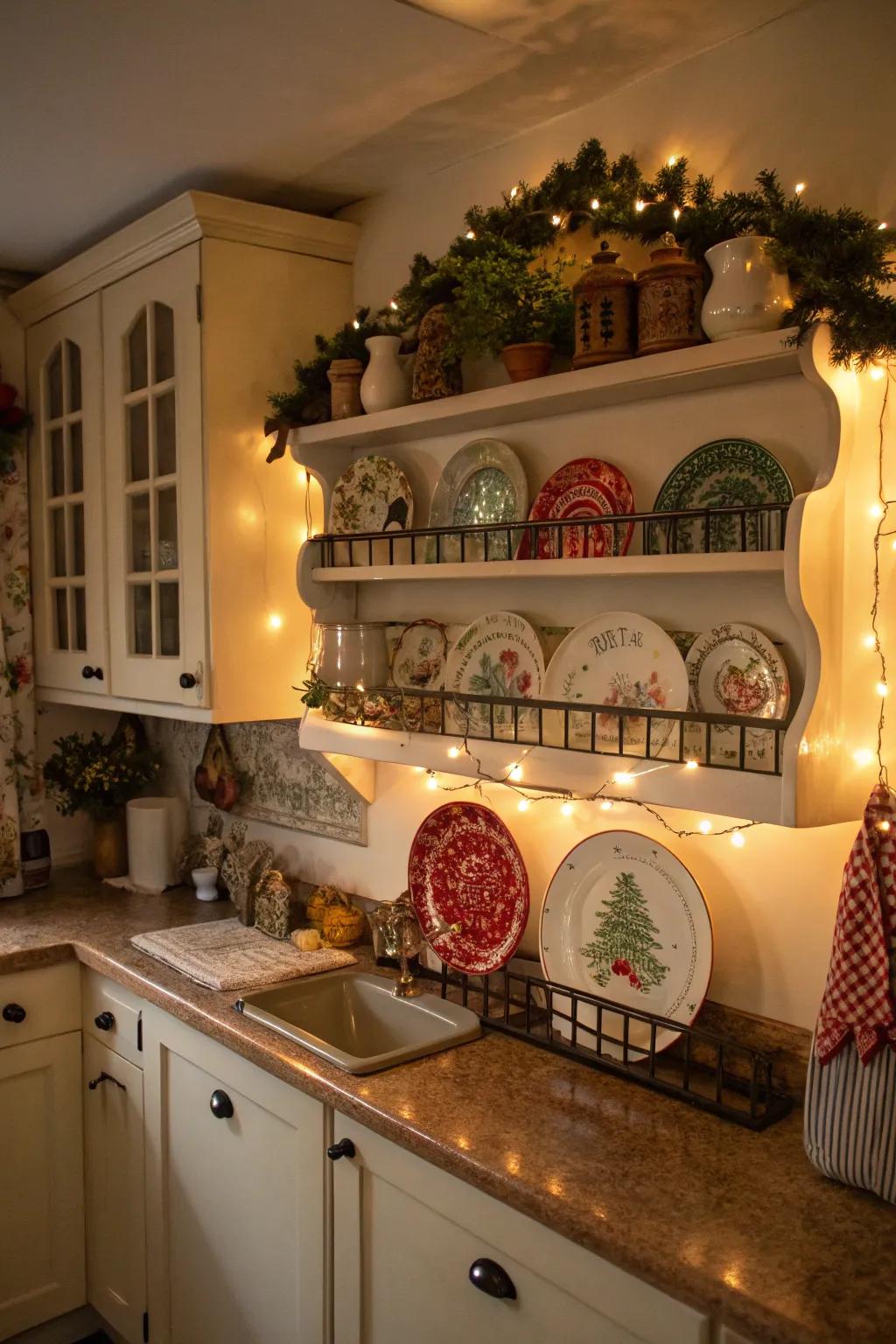 A welcoming kitchen exhibiting a seasonally themed plate rail display