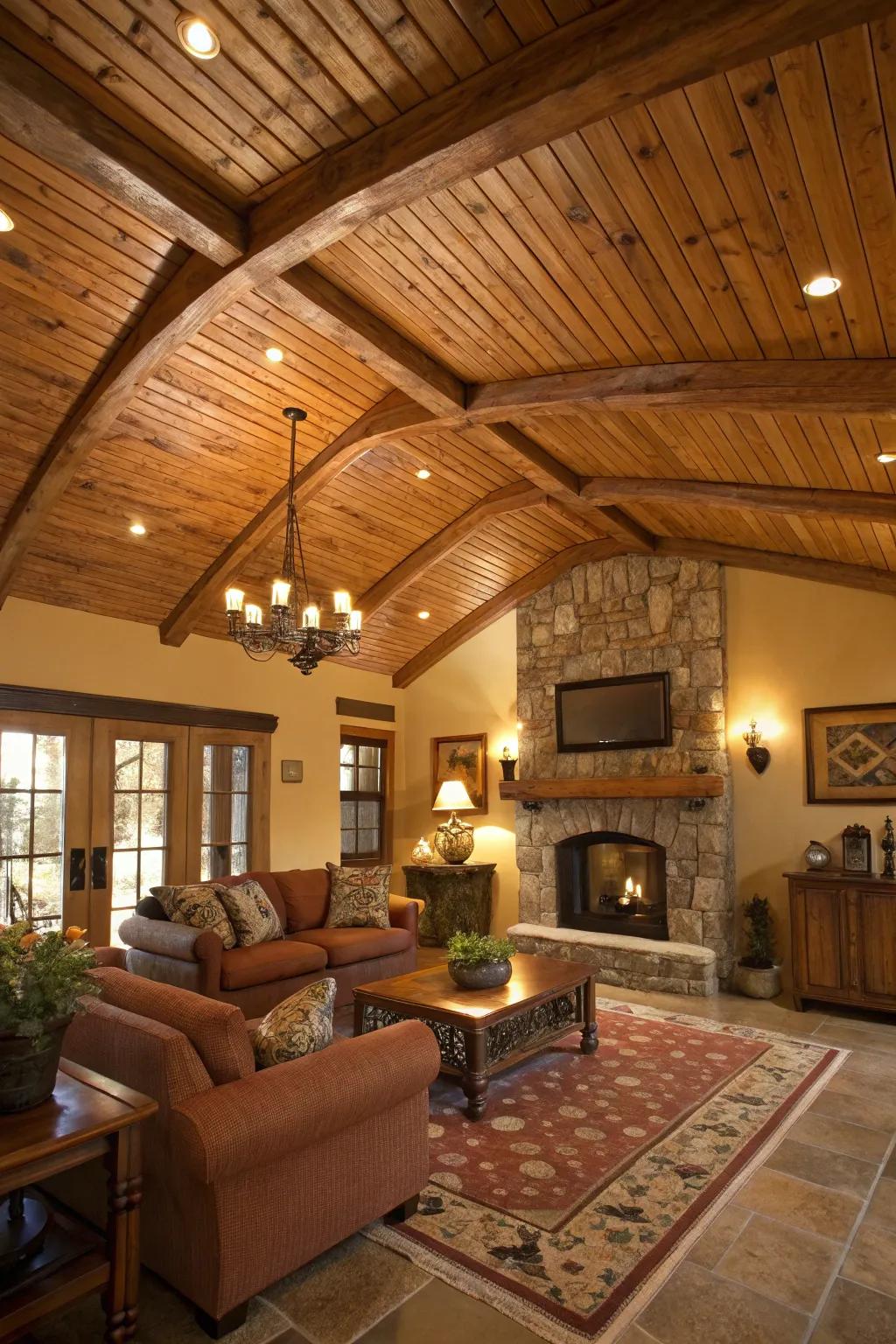A natural wood finish on a plywood ceiling that brings warmth and elegance.