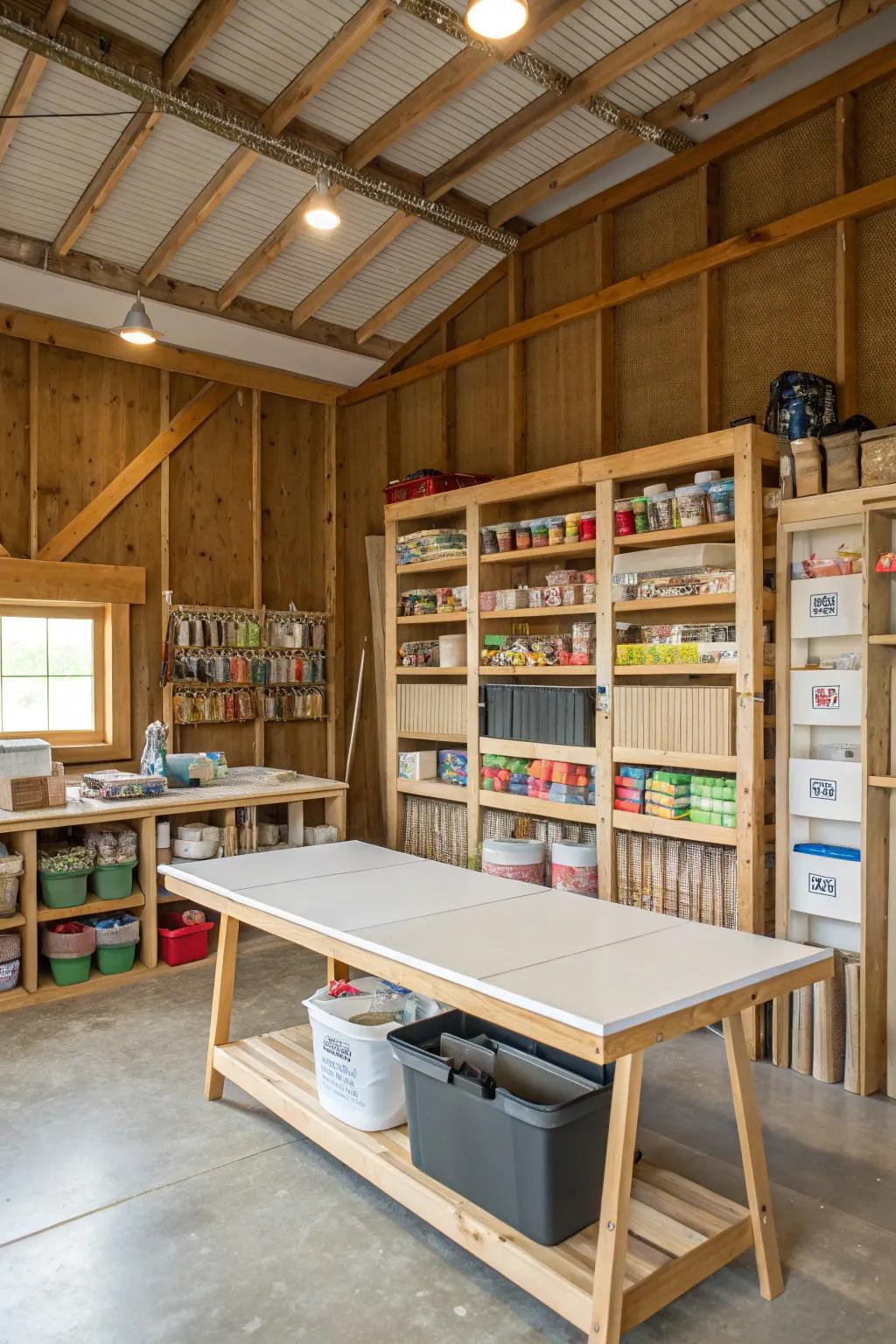 A hobby area inside a pole barn featuring ample storage and work space.