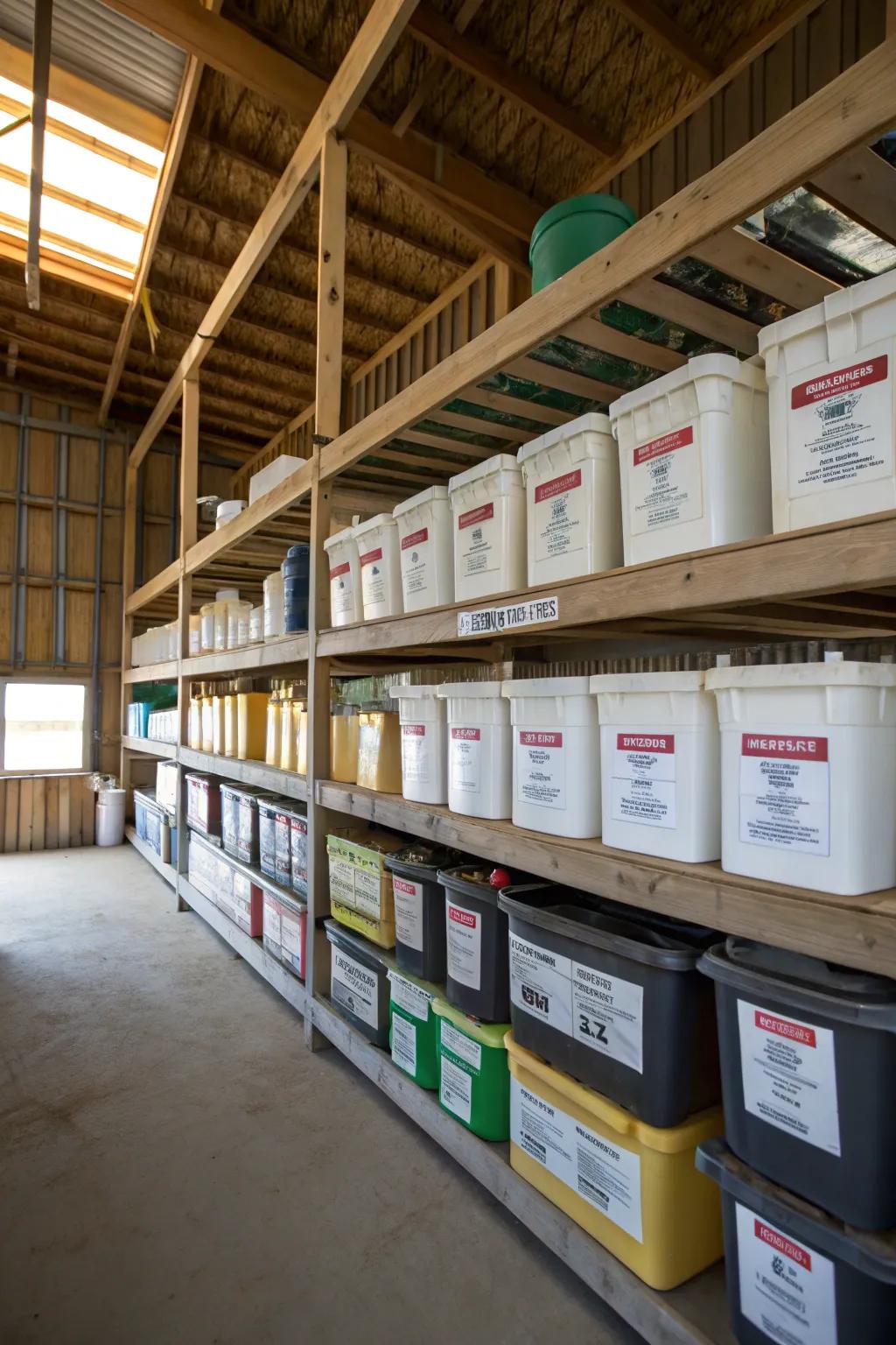 Safety boxes ensure secure and arranged chemical storage.