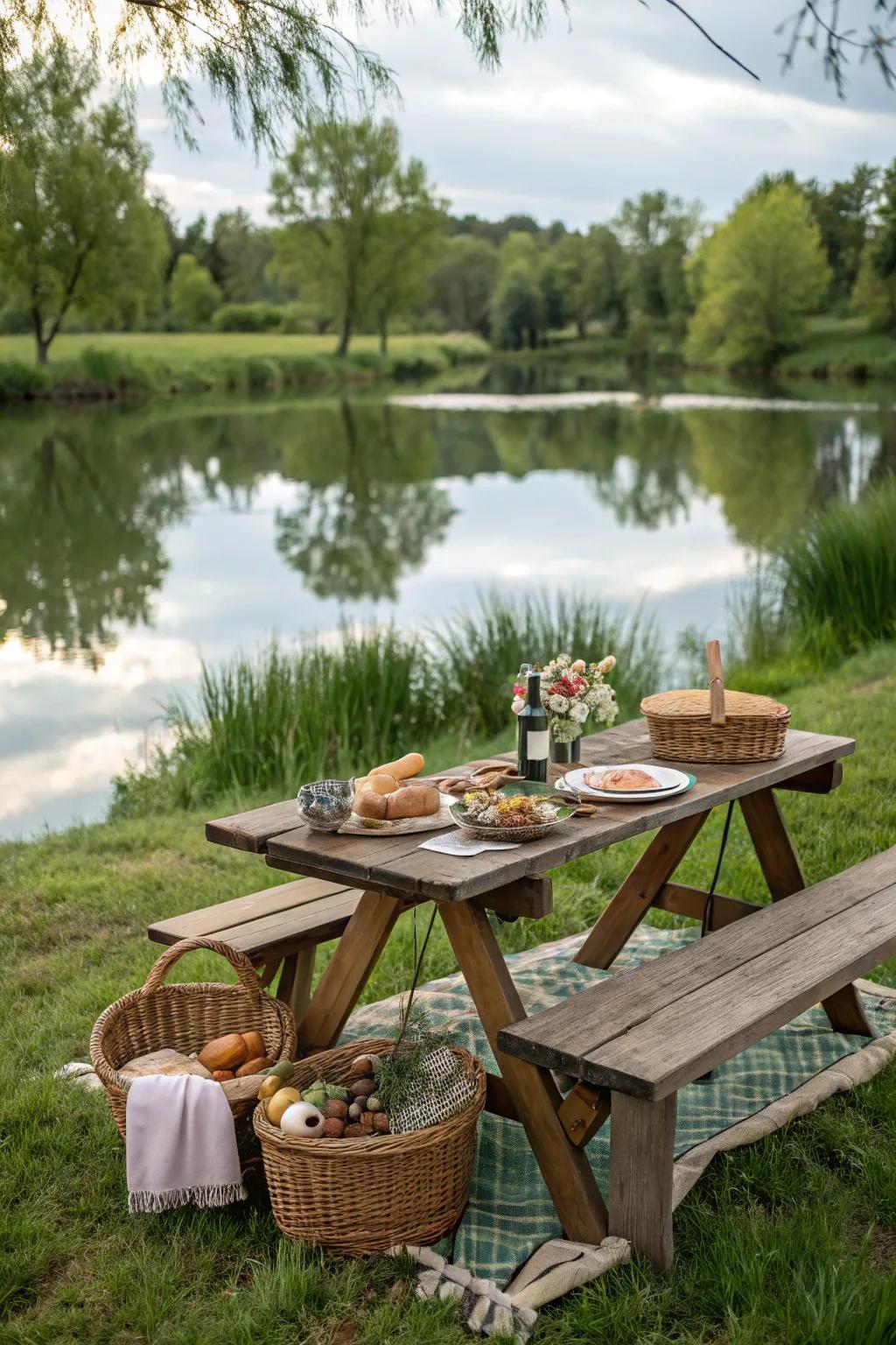 A picnic table crafts a perfect spot for family meals by the pond.