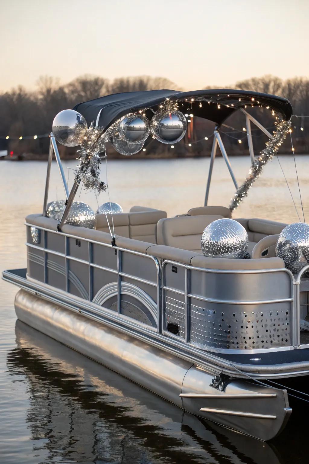 A pontoon boat with a modern theme, showcasing metallic style and contemporary flair.
