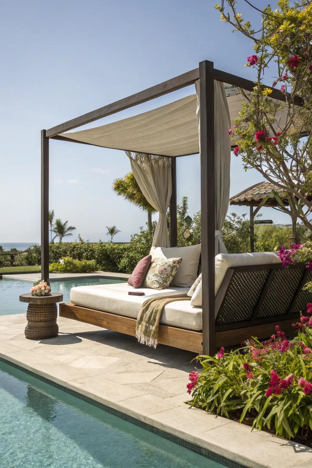 An outdoor couch by the pool provides opulent comfort.