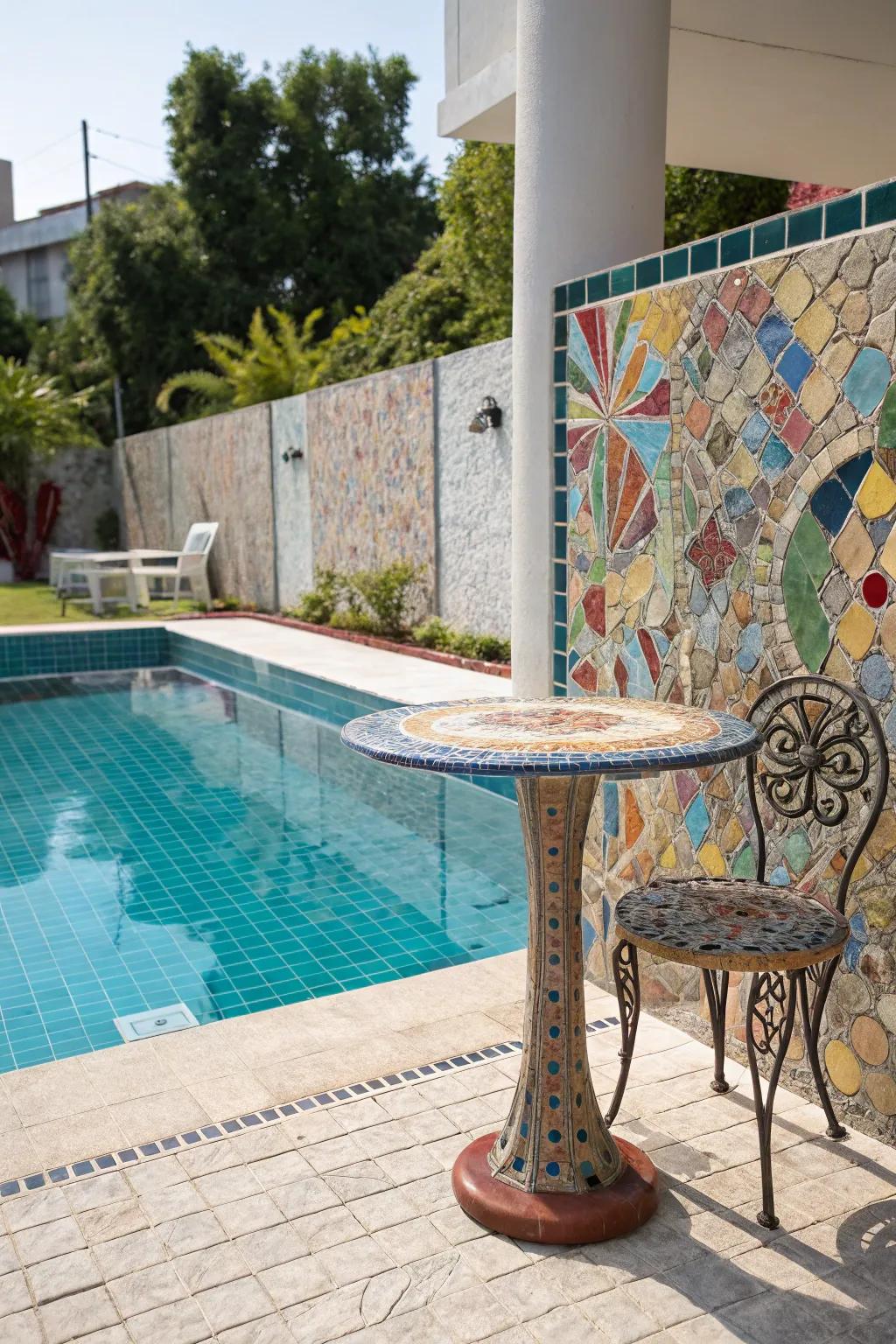Tiny tiles offer a vibrant and artistic touch to your poolside design.