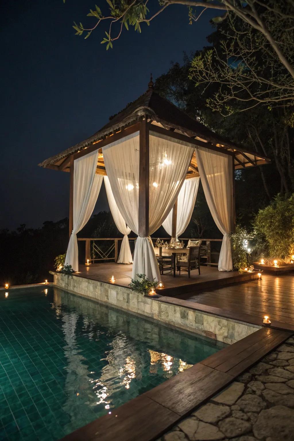 A dangling gazebo offers a captivating poolside experience.