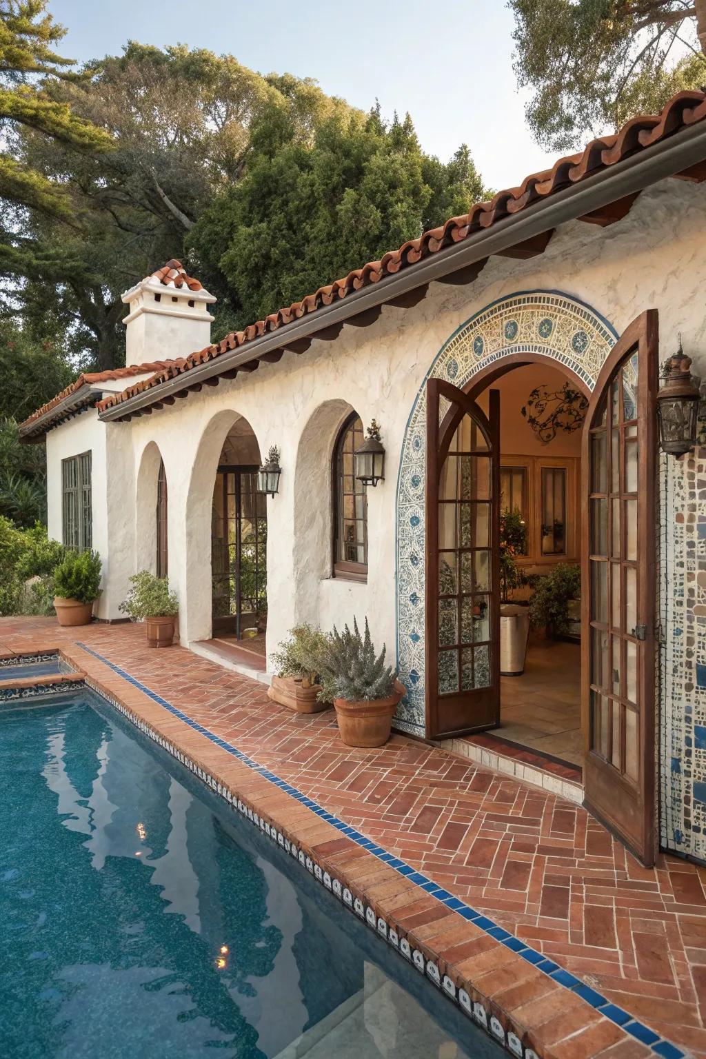 A pool house featuring Mediterranean villa style.