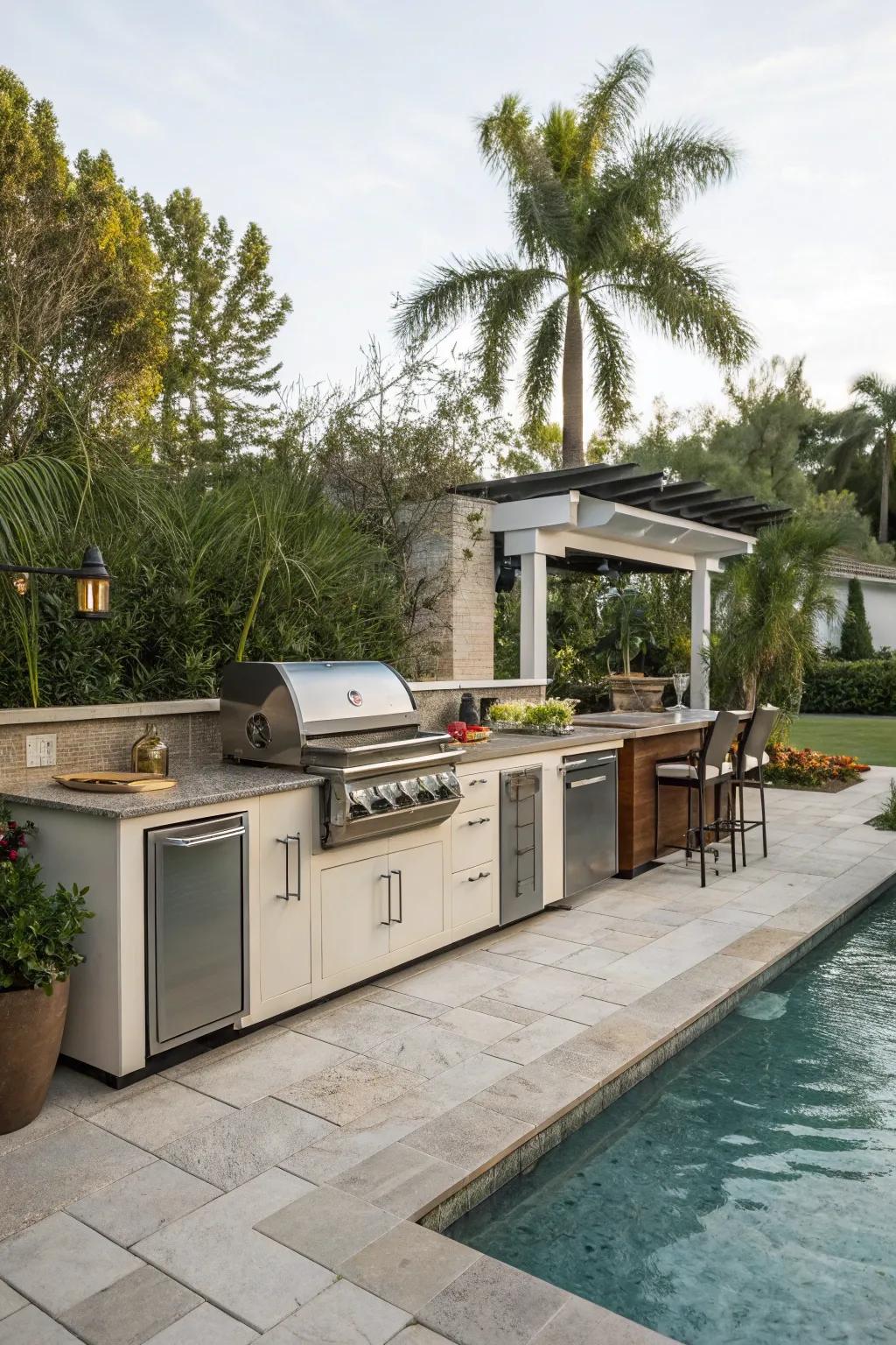 Elevate your pool parties with a convenient outdoor kitchen.