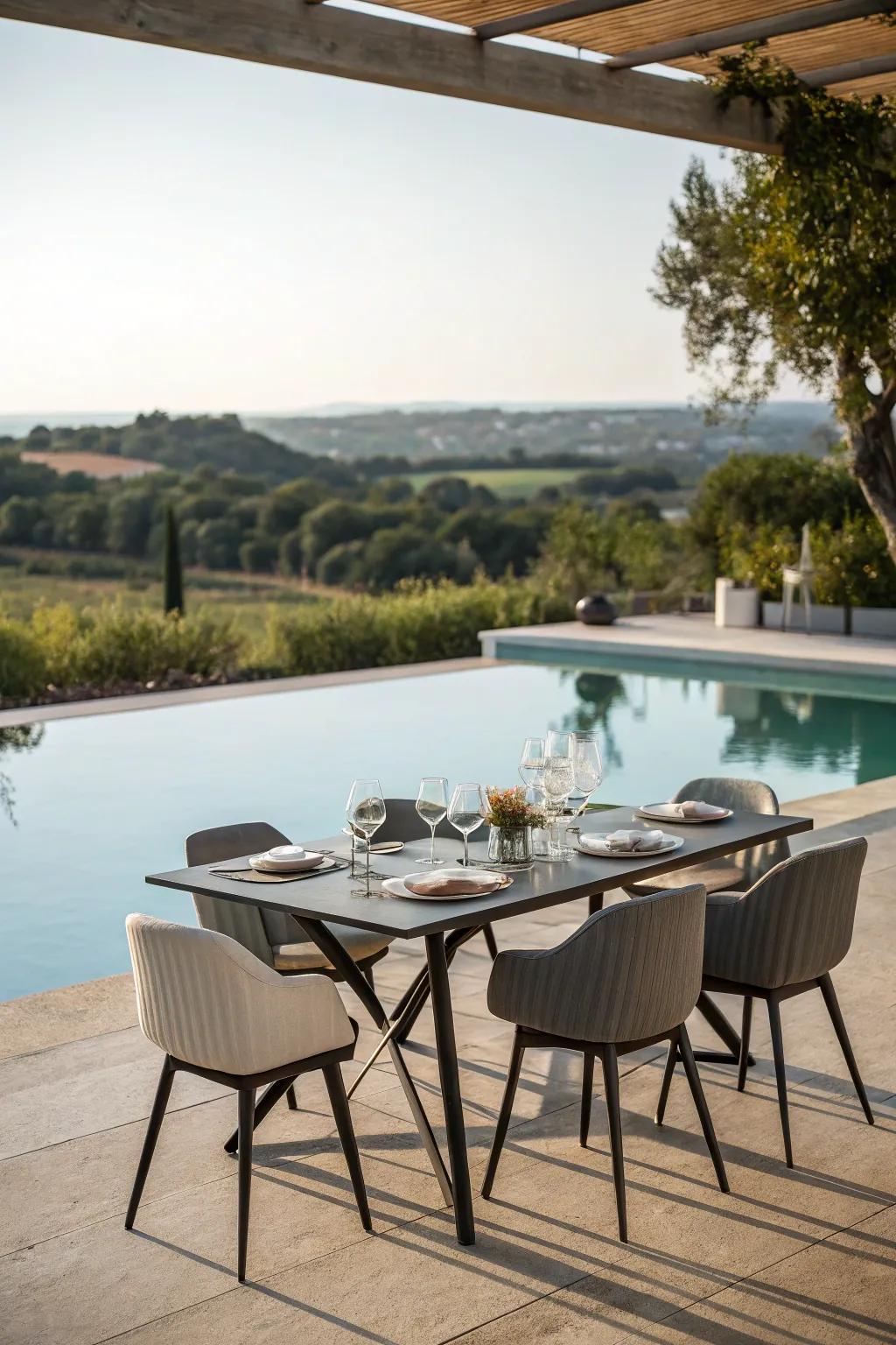 Relish meals by the pool using a stylish and sturdy dining arrangement.