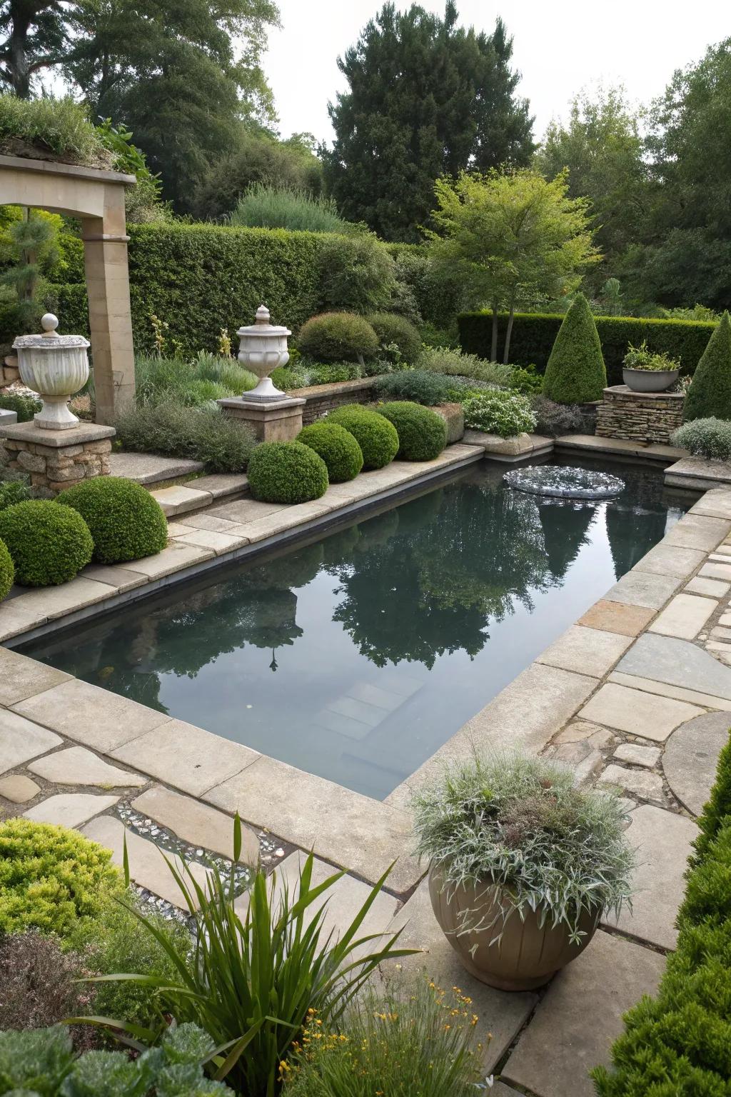 A pool pond featuring an elegant recessed layout.