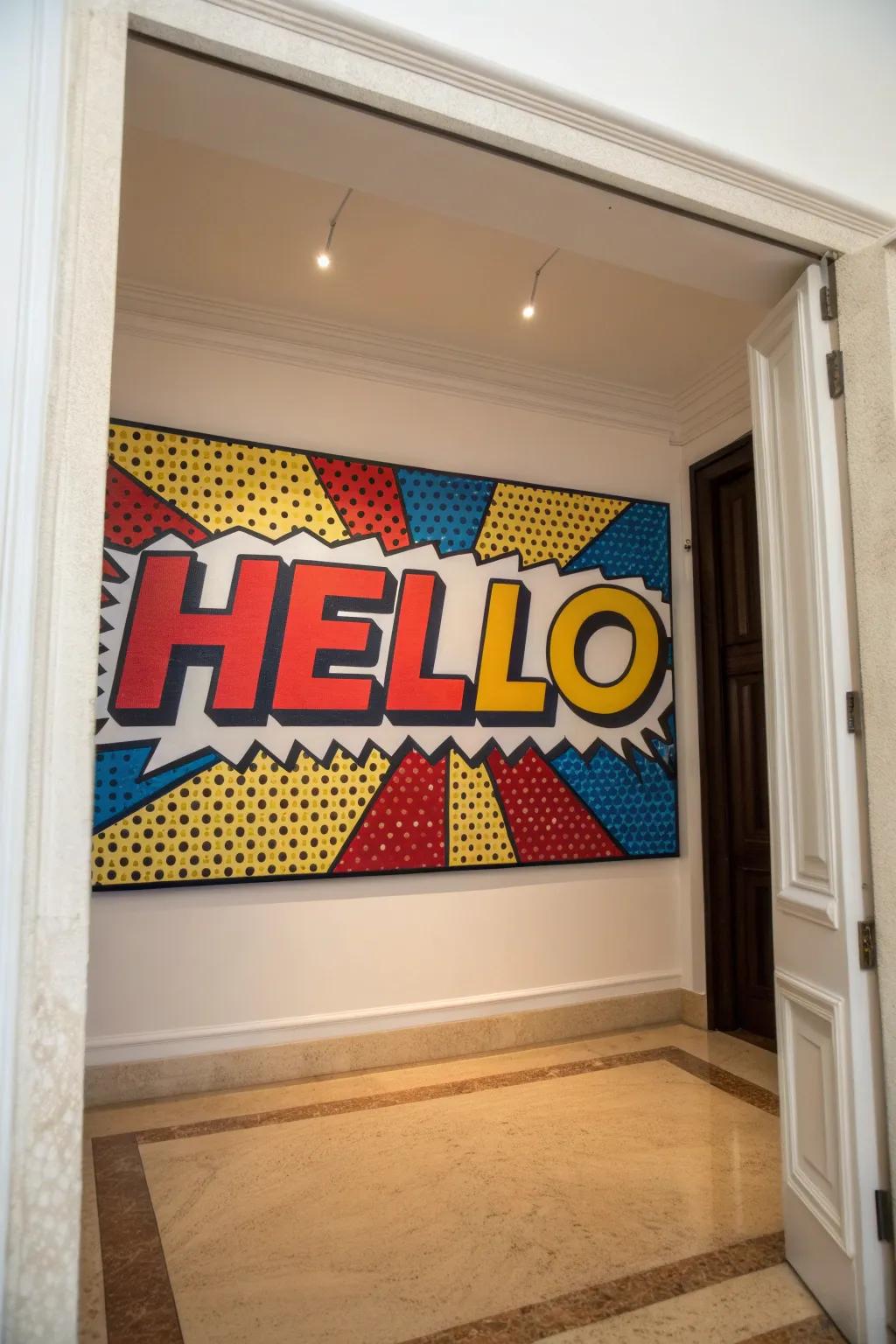 A welcoming pop art illustration featuring bold text in an entryway.