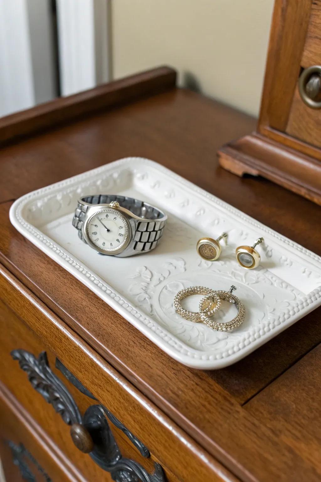 Keep accessories organized with a porcelain accessory tray.