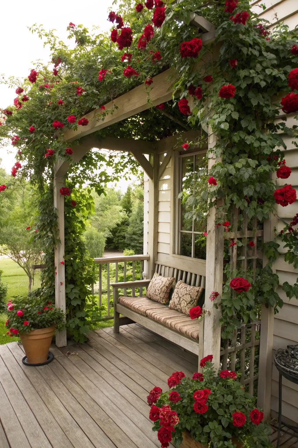 A rose arbor bench presents a whimsical getaway on the porch.