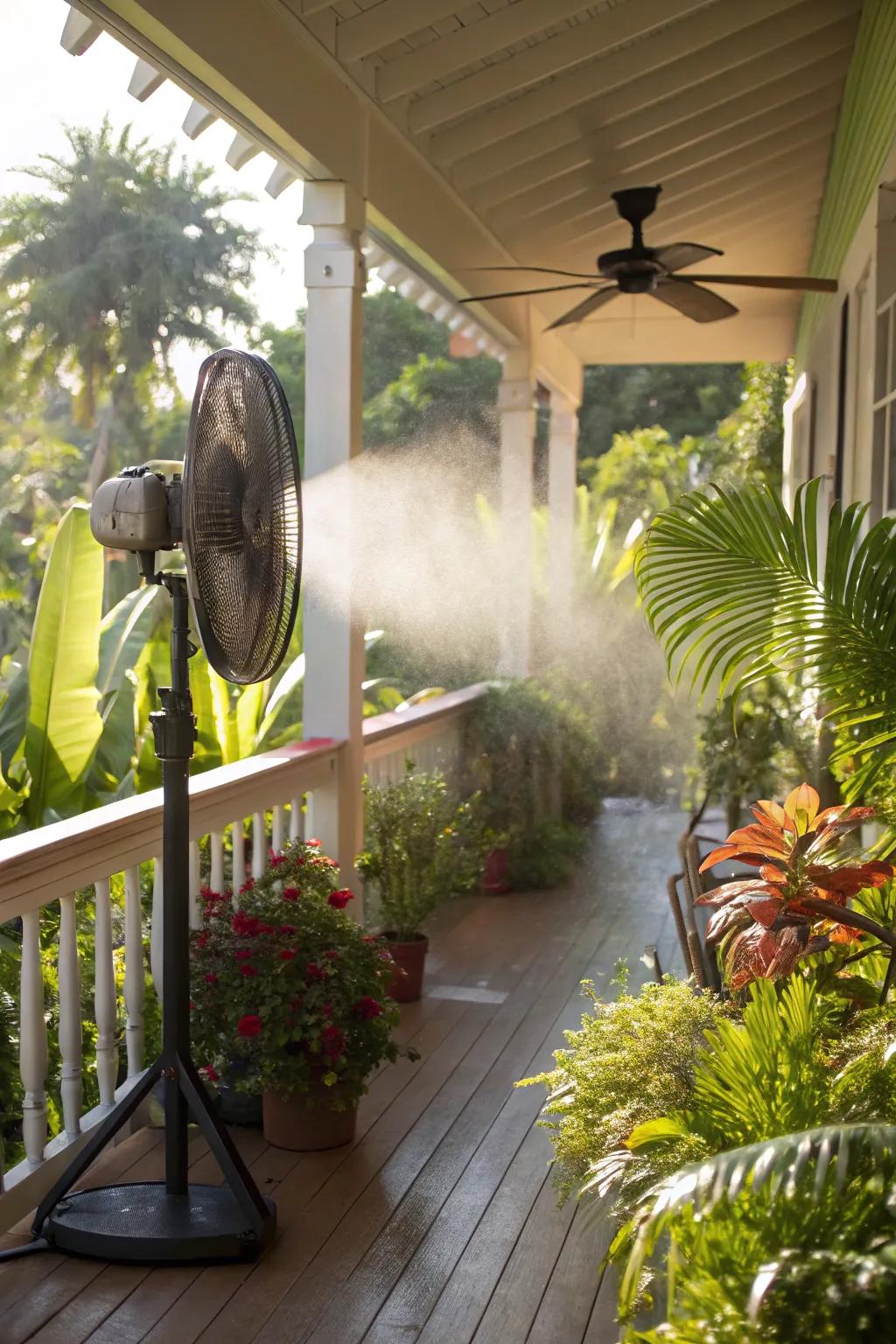 A misting air mover offers a refreshing cooling mist on this sunny porch.