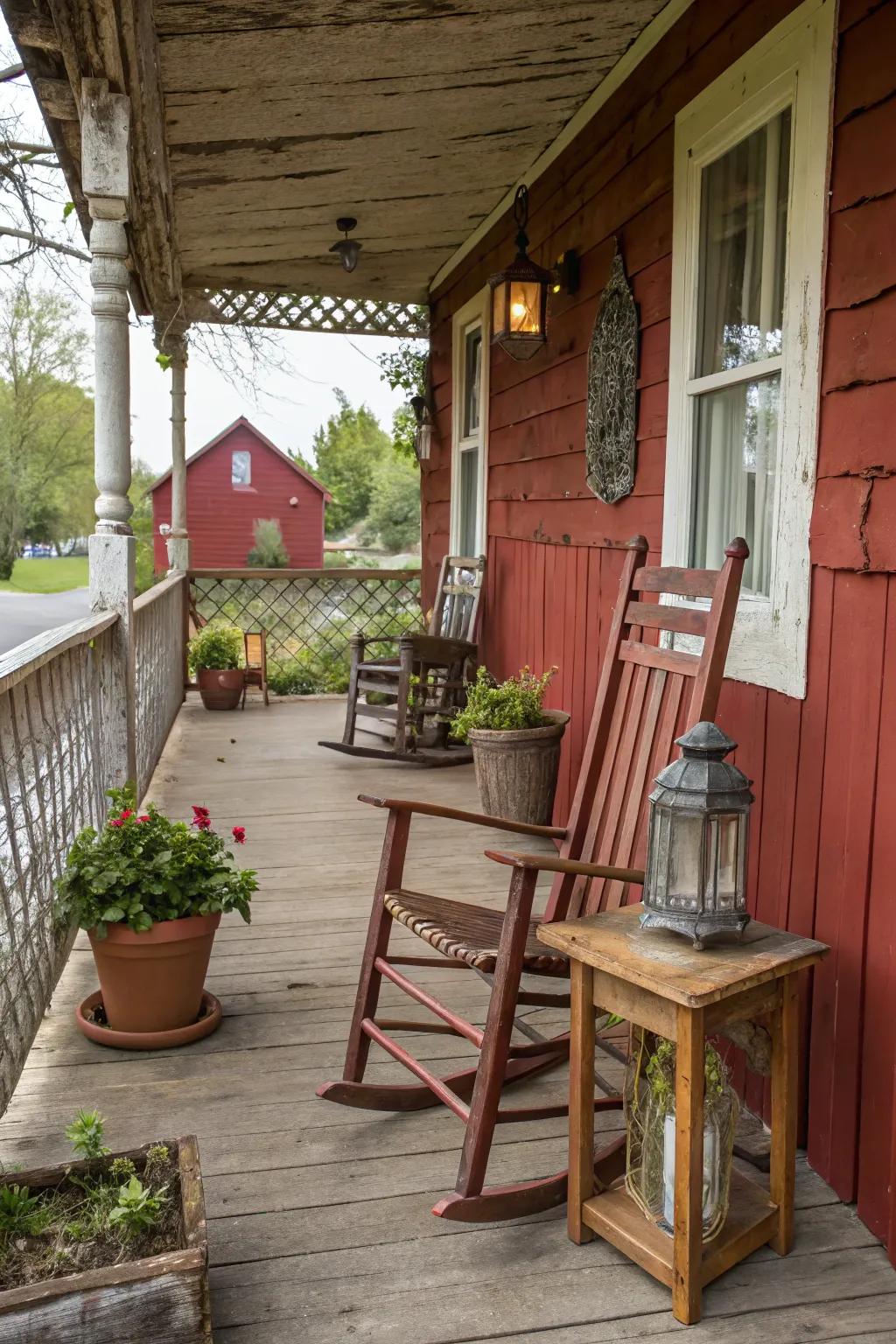 A country granary scarlet veranda that provides a snug and nostalgic atmosphere.