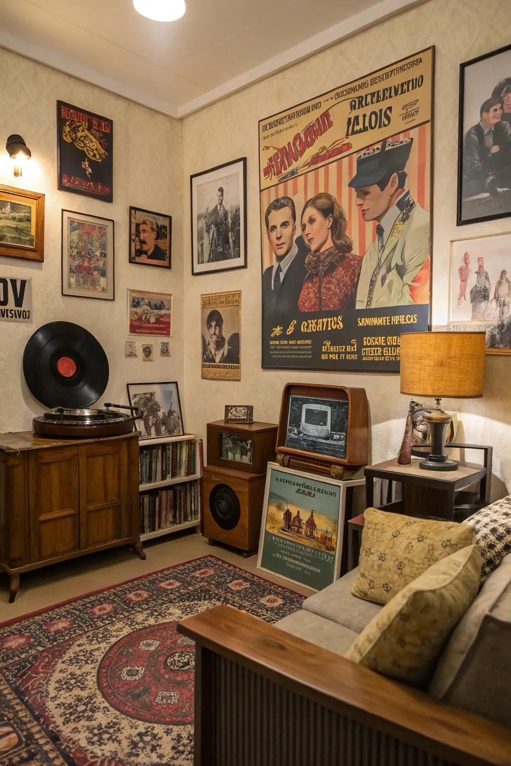 A retro-style room featuring captivating vintage posters.