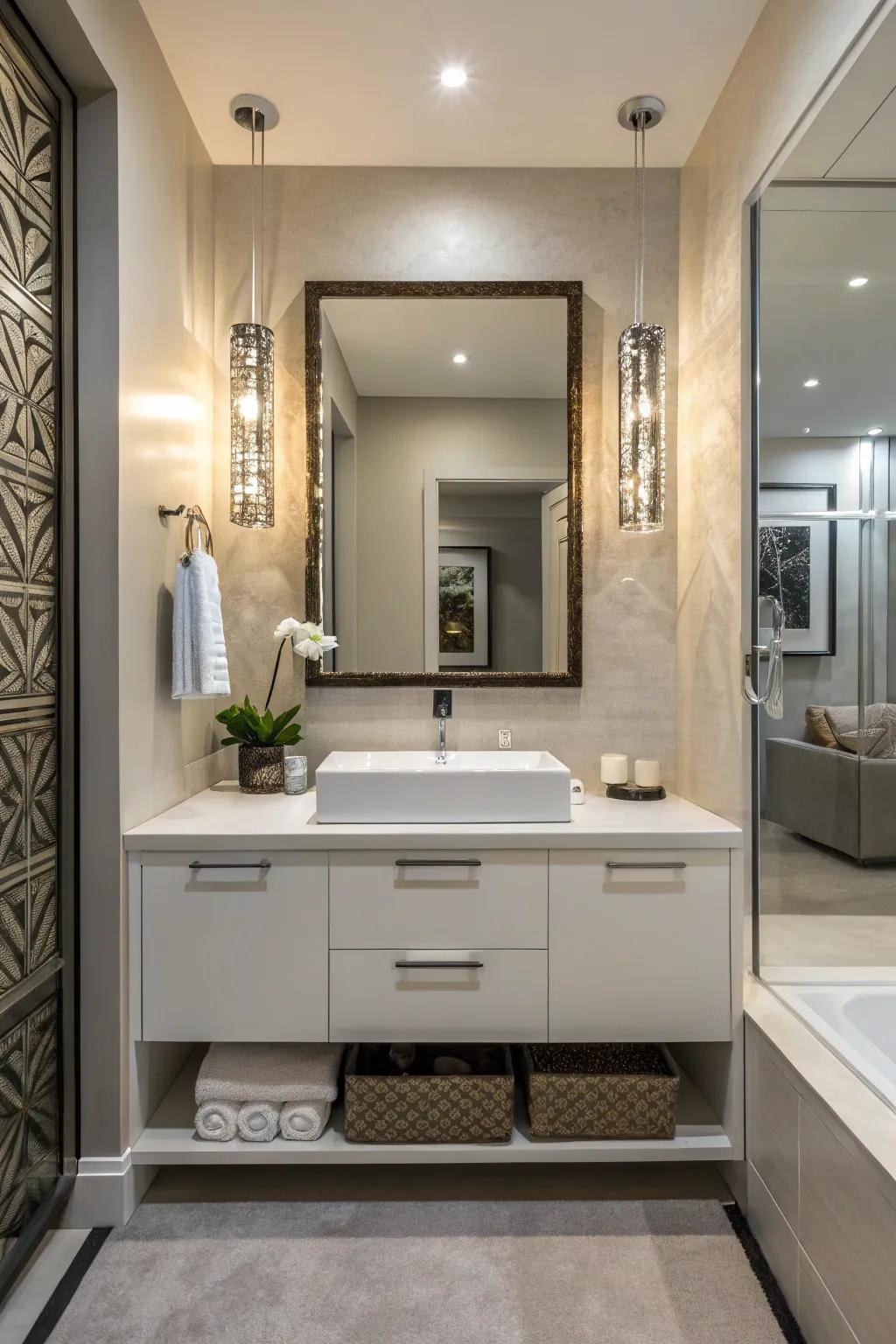 A contemporary powder room showcasing a area-conserving wall-mounted storage unit.