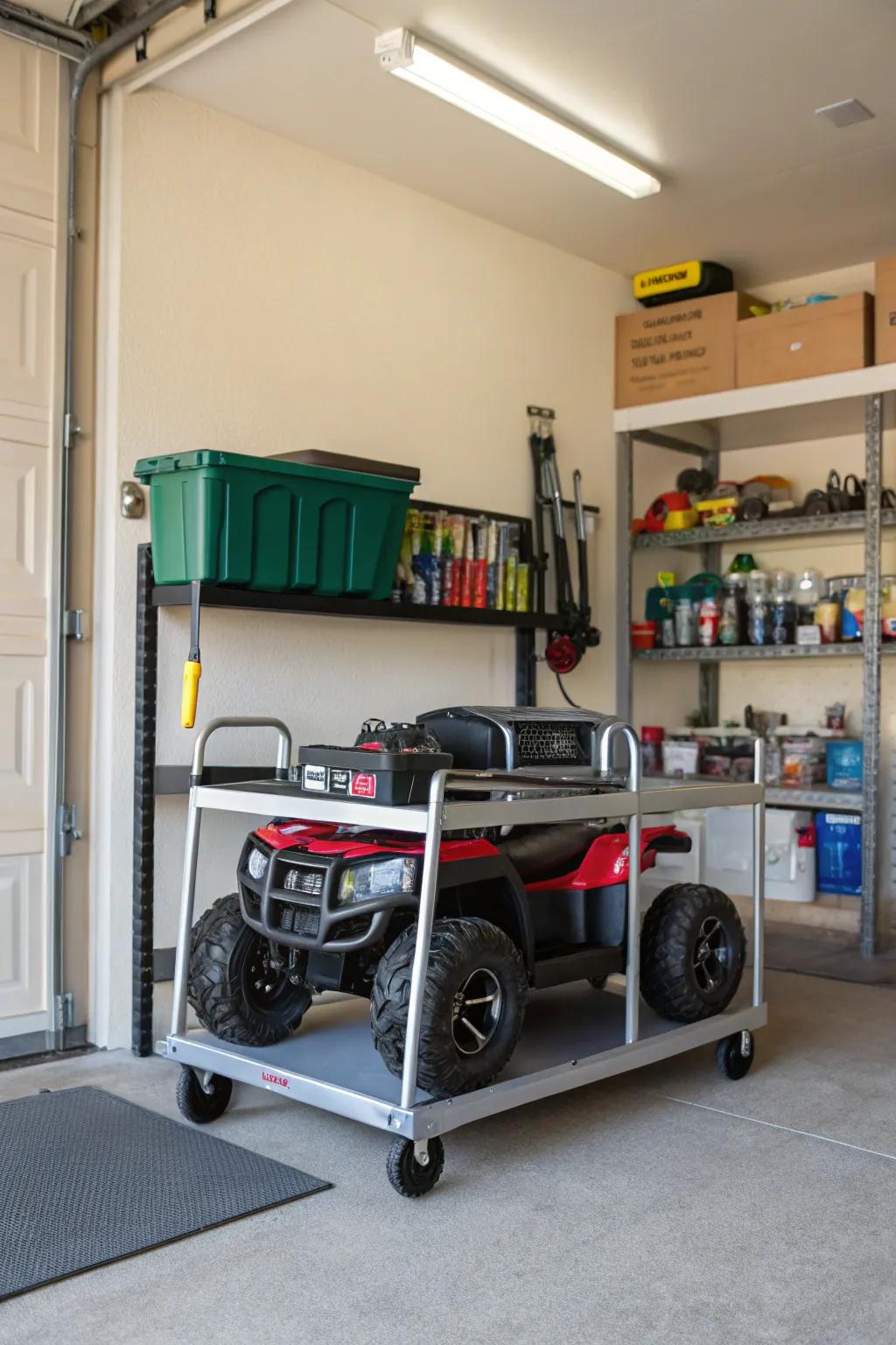 Rolling cart providing flexible storage for ride-on toys.