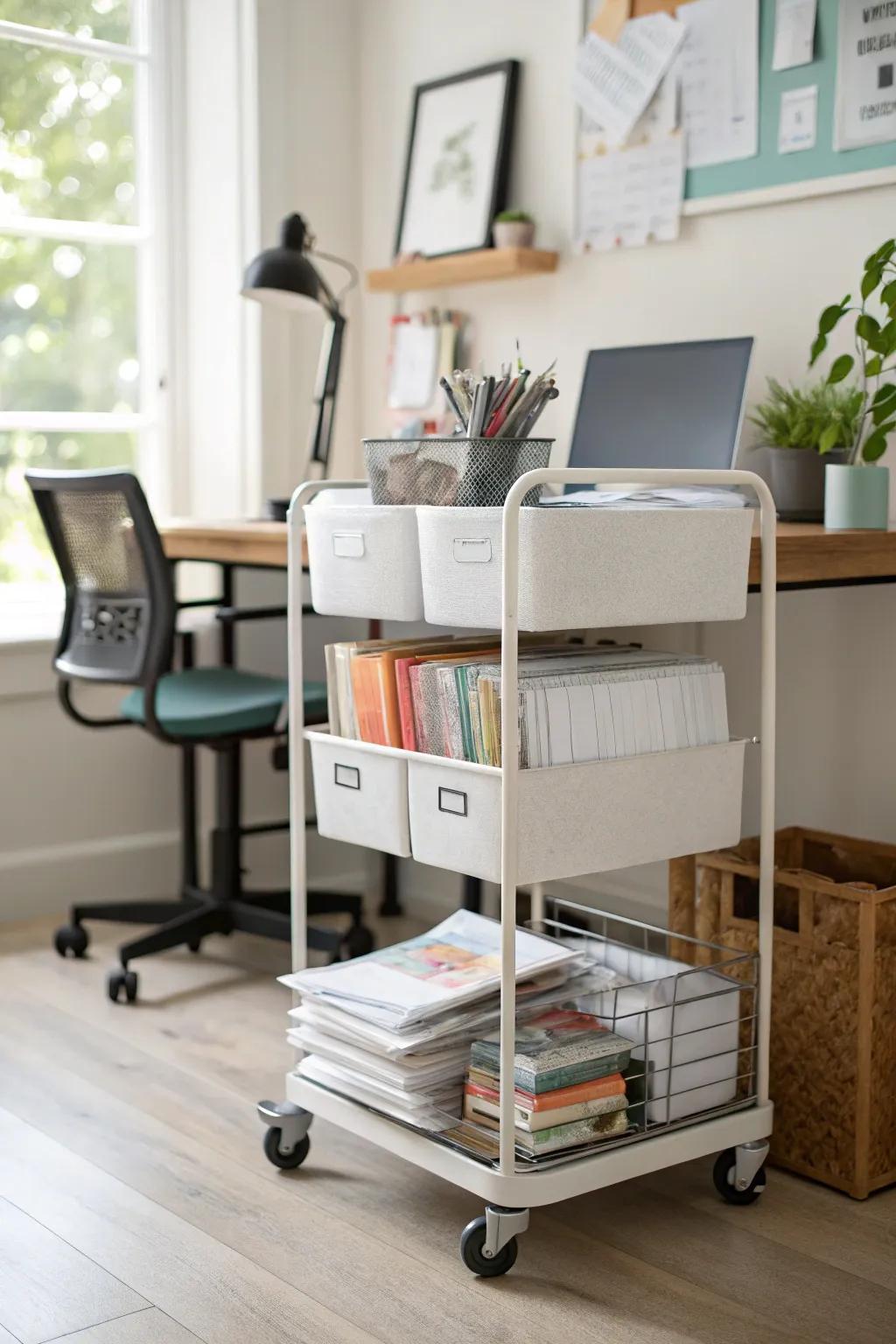 Rolling utility cart for adaptable and mobile paper storage.