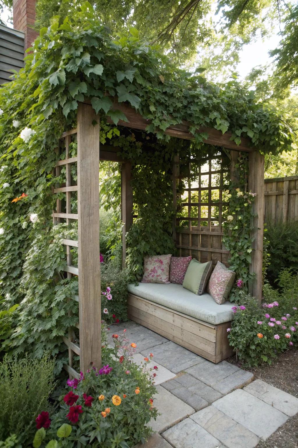 Blend comfort and privacy using a trellis that features incorporated seating.
