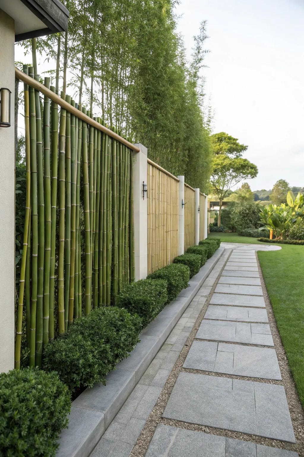 A reed screen furnishing a sustainable and fashionable boundary resolution.